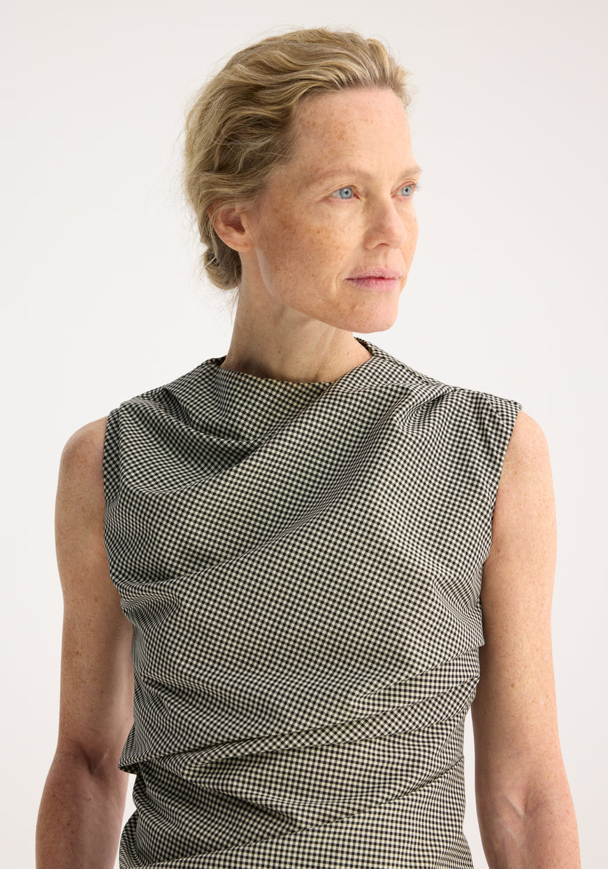 Sleeveless Twisted Mini-Check Top - Cream/Black Check