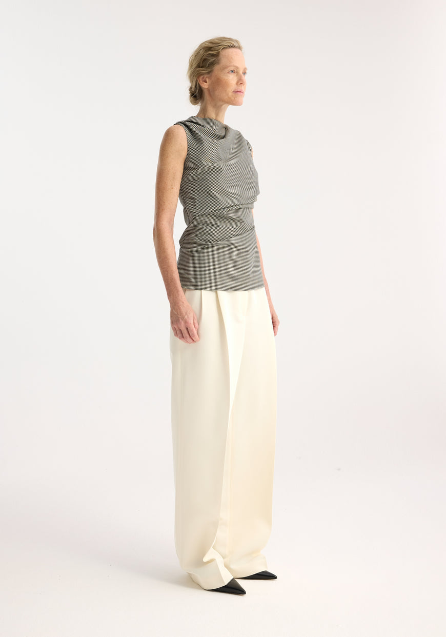 Sleeveless Twisted Mini-Check Top - Cream/Black Check