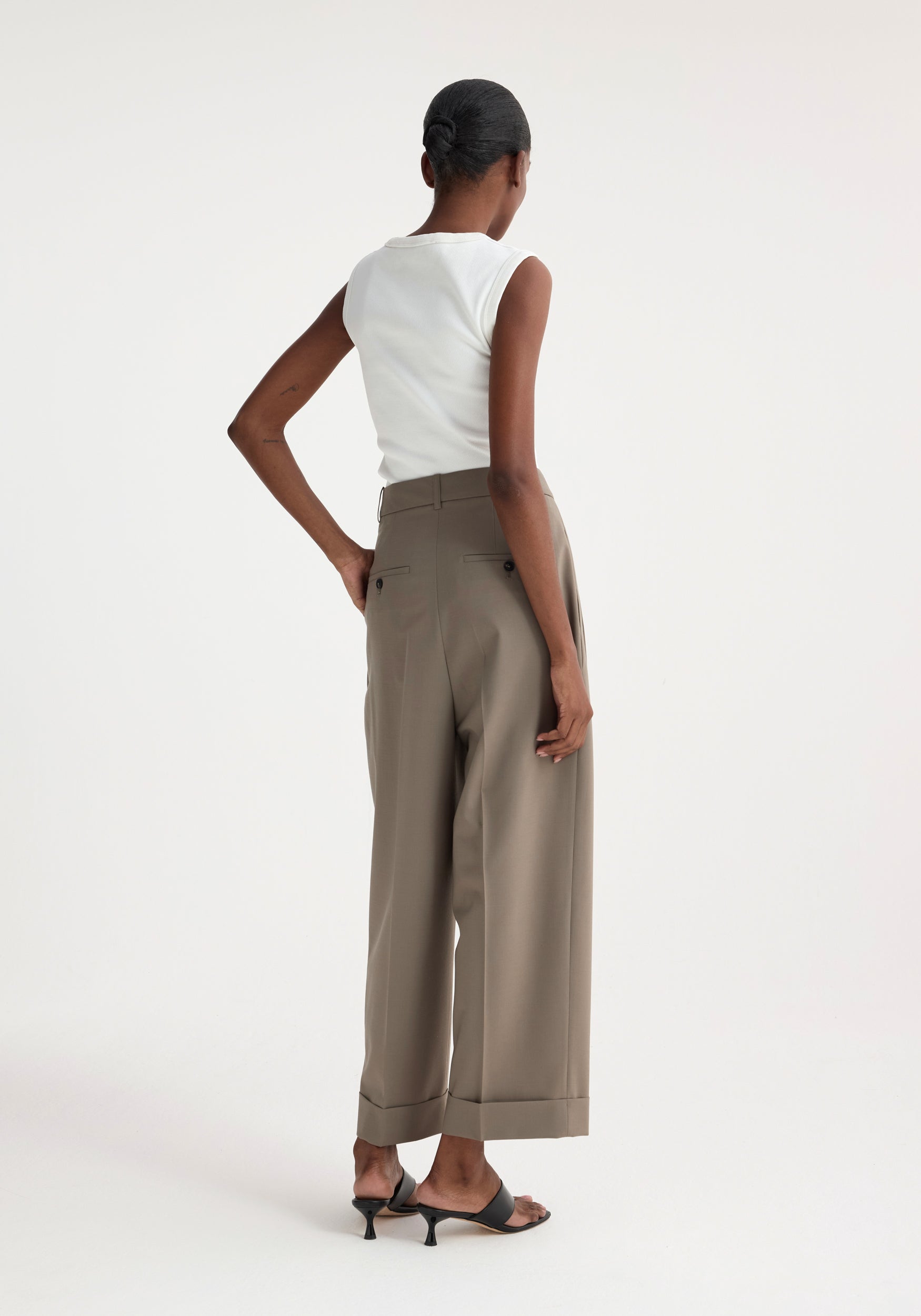 High Waist Turn-Up Trousers - Taupe