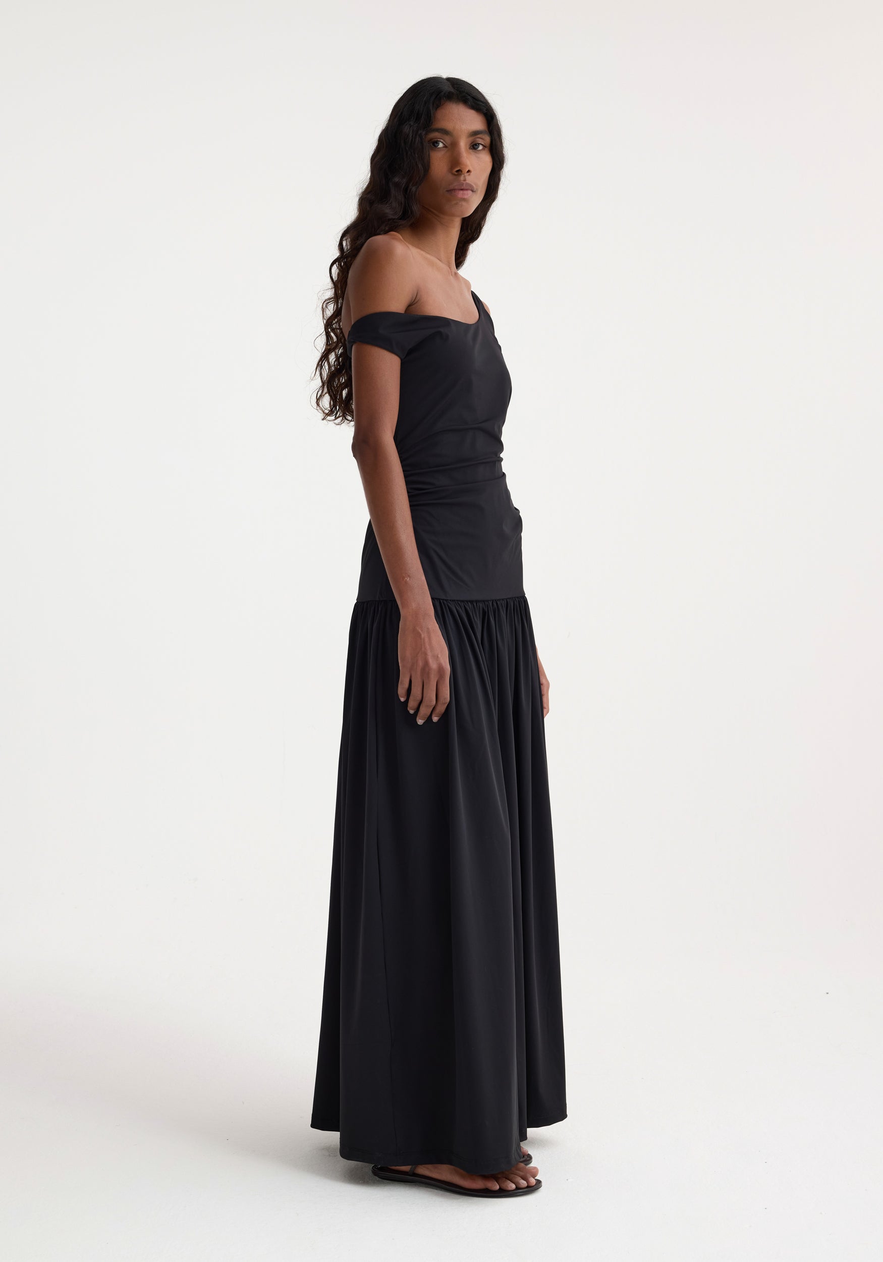 Off Shoulder Light Scuba Dress - Black