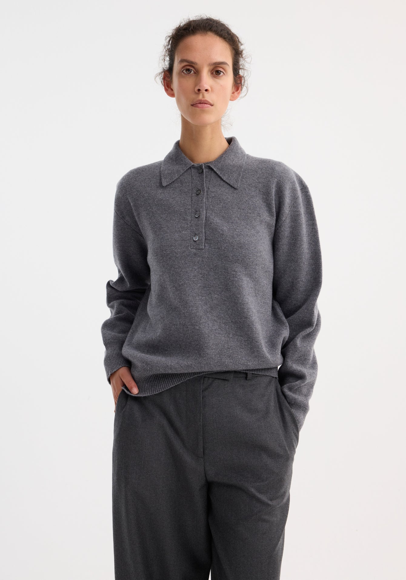 Rohe-Compact Knitted Polo - Mid Grey Melange-Shirts-Boboli-Vancouver-Canada