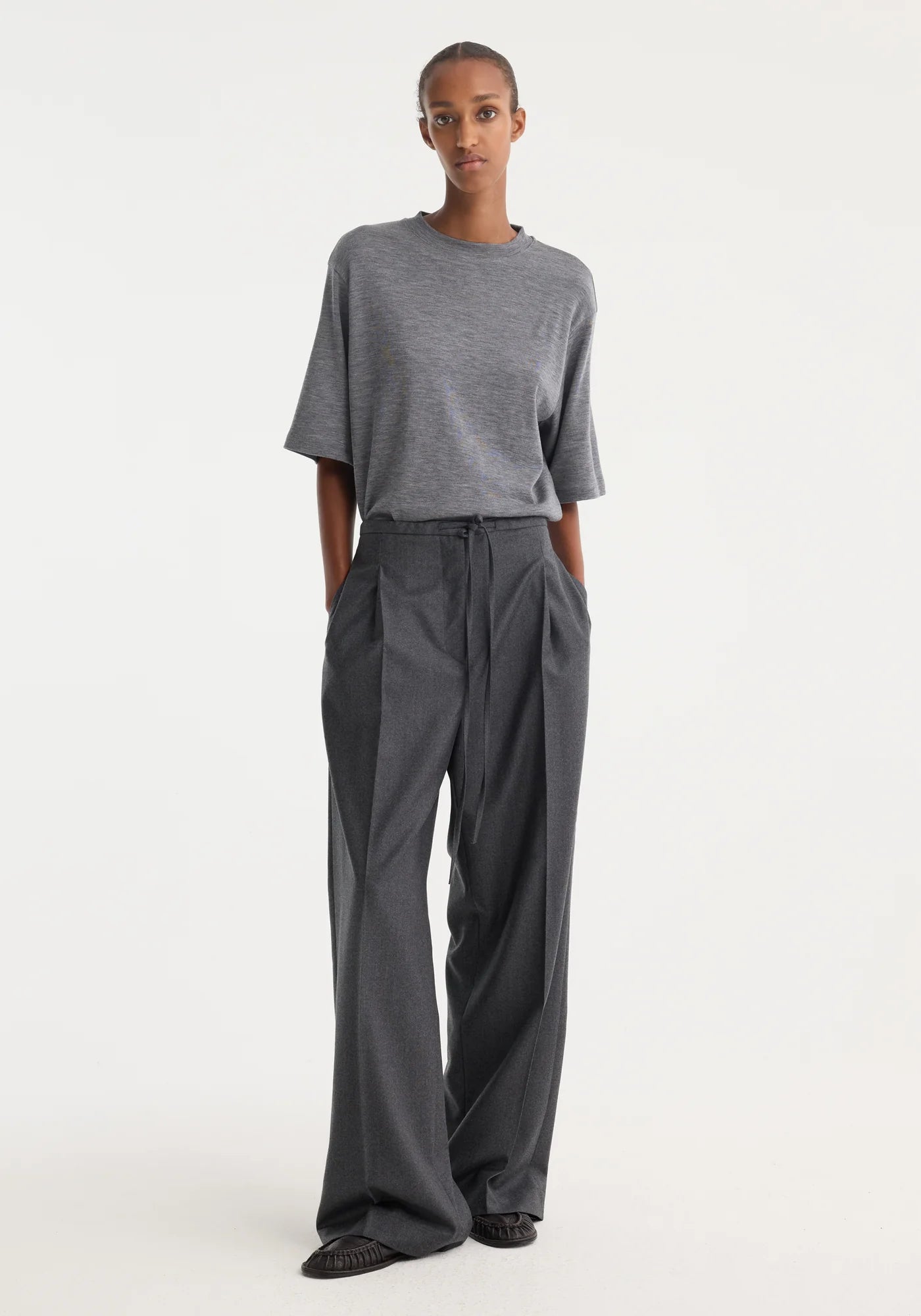 Relaxed Soft Wool Trousers - Dark Grey Melange
