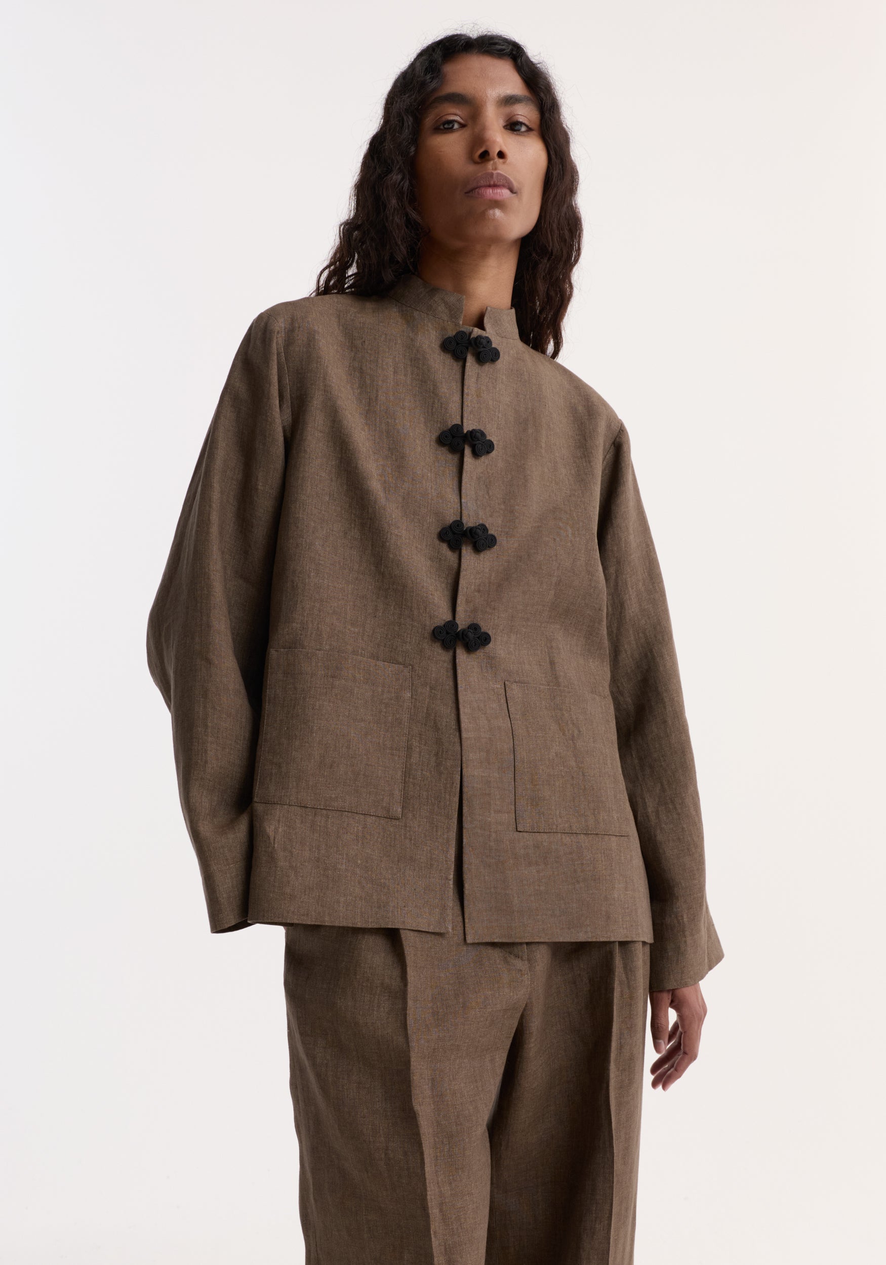 Rohe-Pankou Closure Linen Jacket - Brown Melange-Jackets-Boboli-Vancouver-Canada