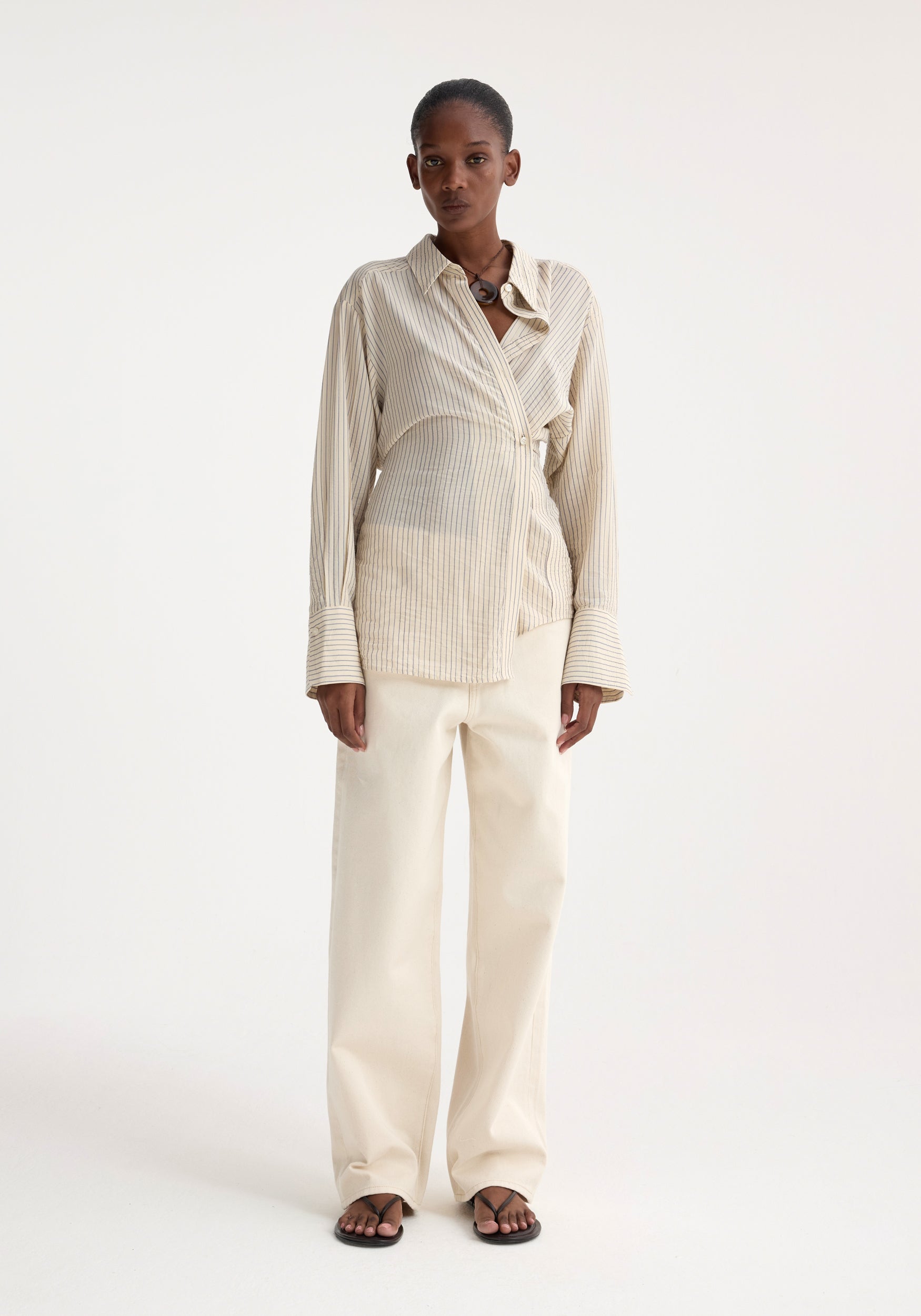 Asymmetric Waisted Striped Shirt - Cream/Navy Stripe