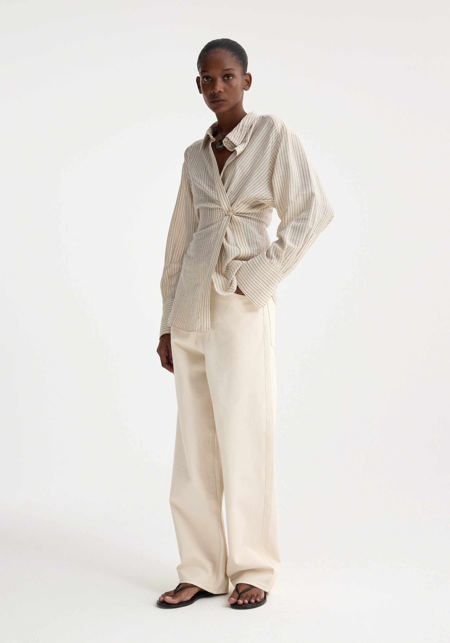 Asymmetric Waisted Striped Shirt - Cream/Navy Stripe