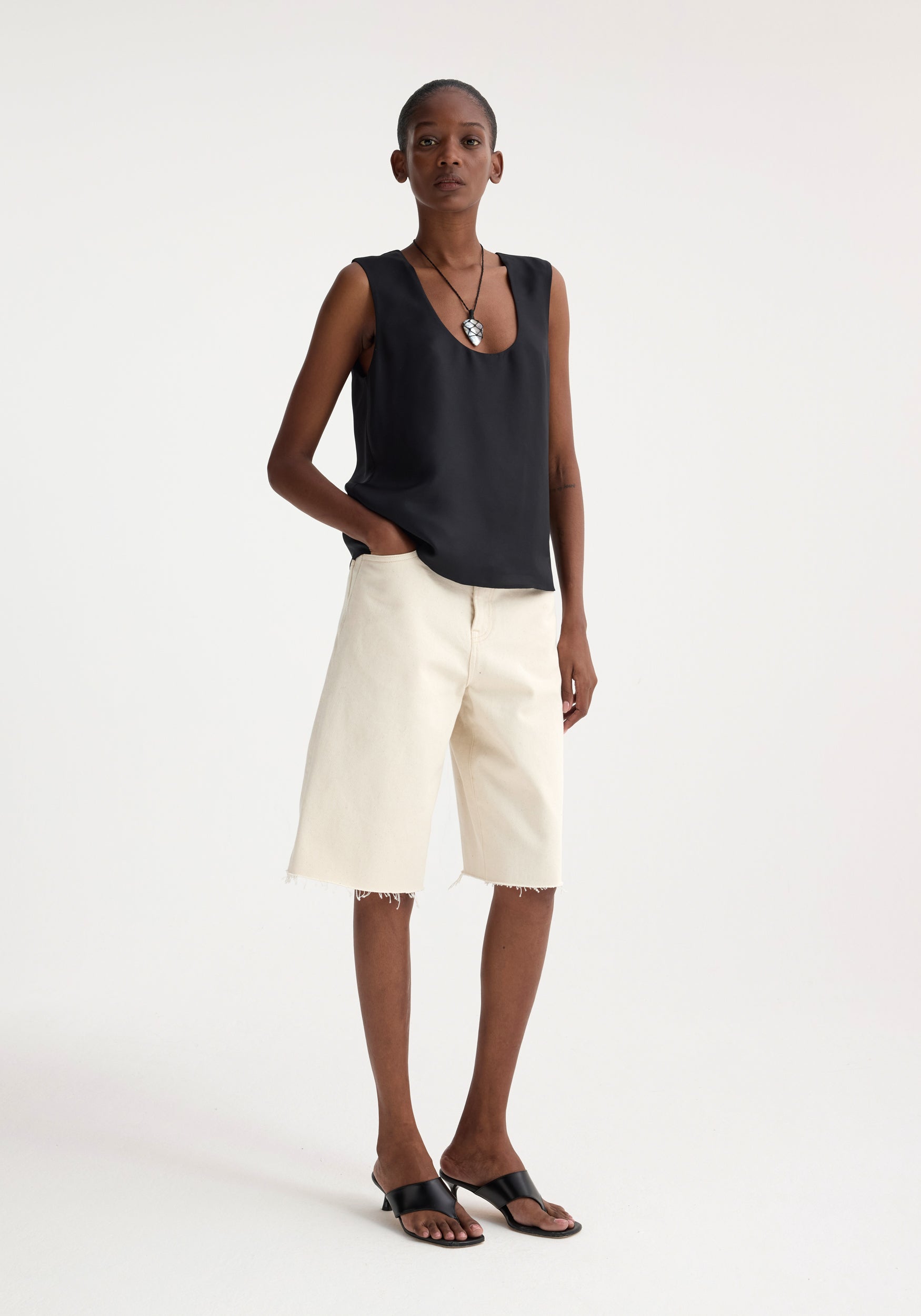 Baggy Fit Denim Shorts - Ecru