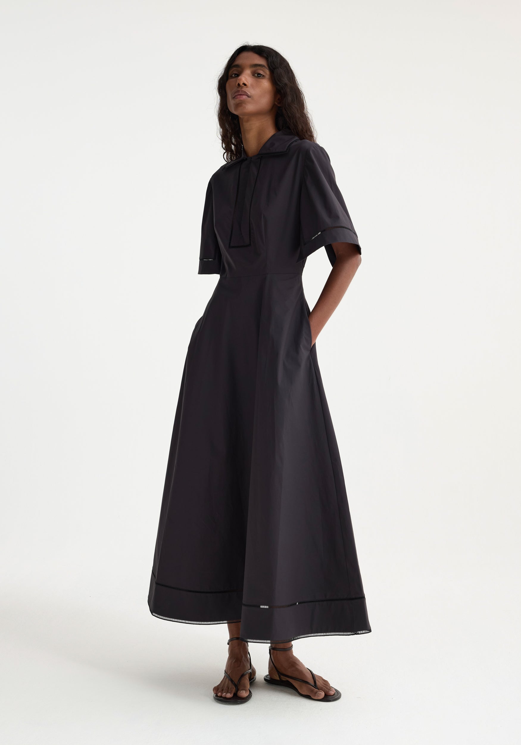 Ladder Embroidered Poplin Dress - Black