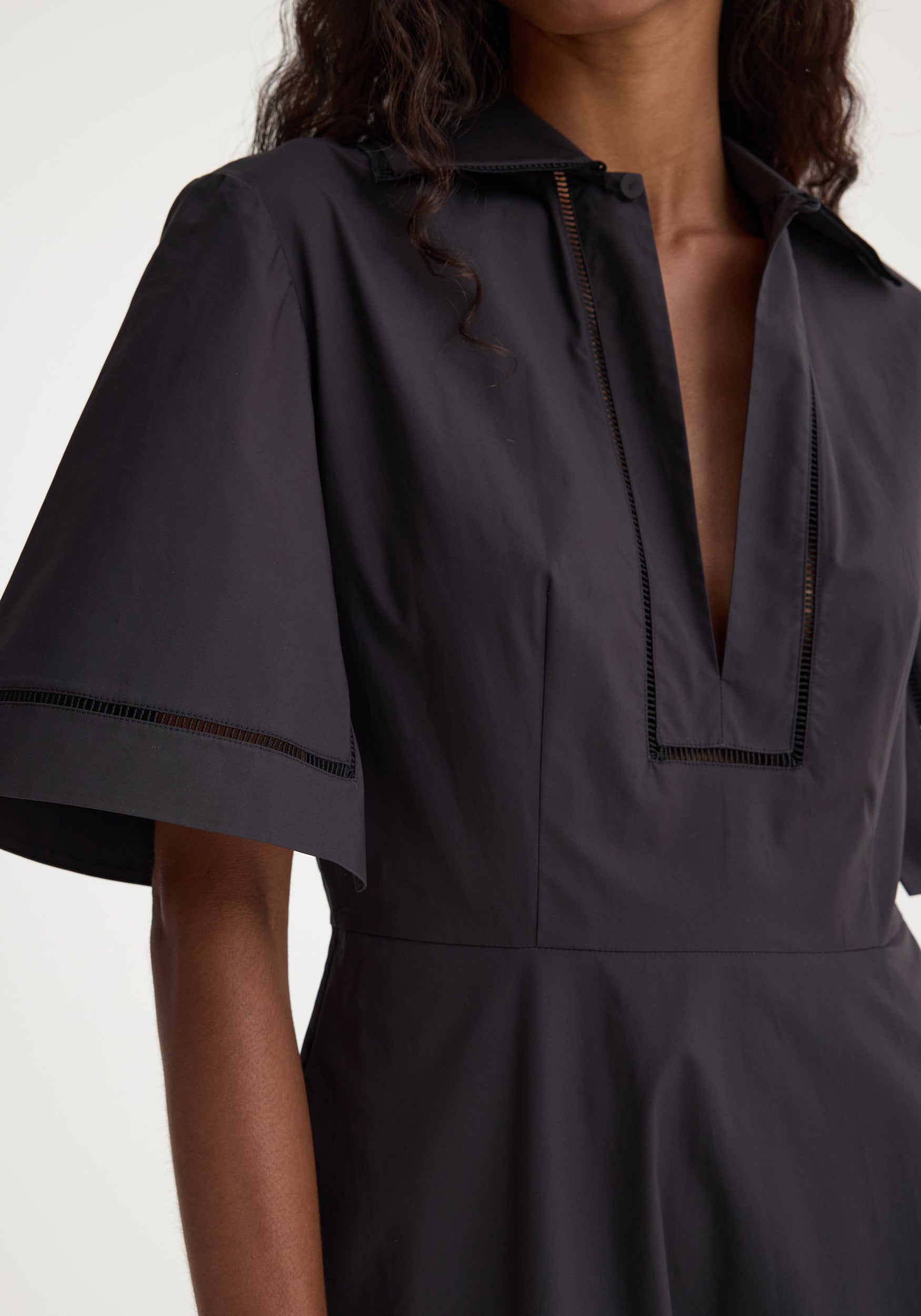 Ladder Embroidered Poplin Dress - Black