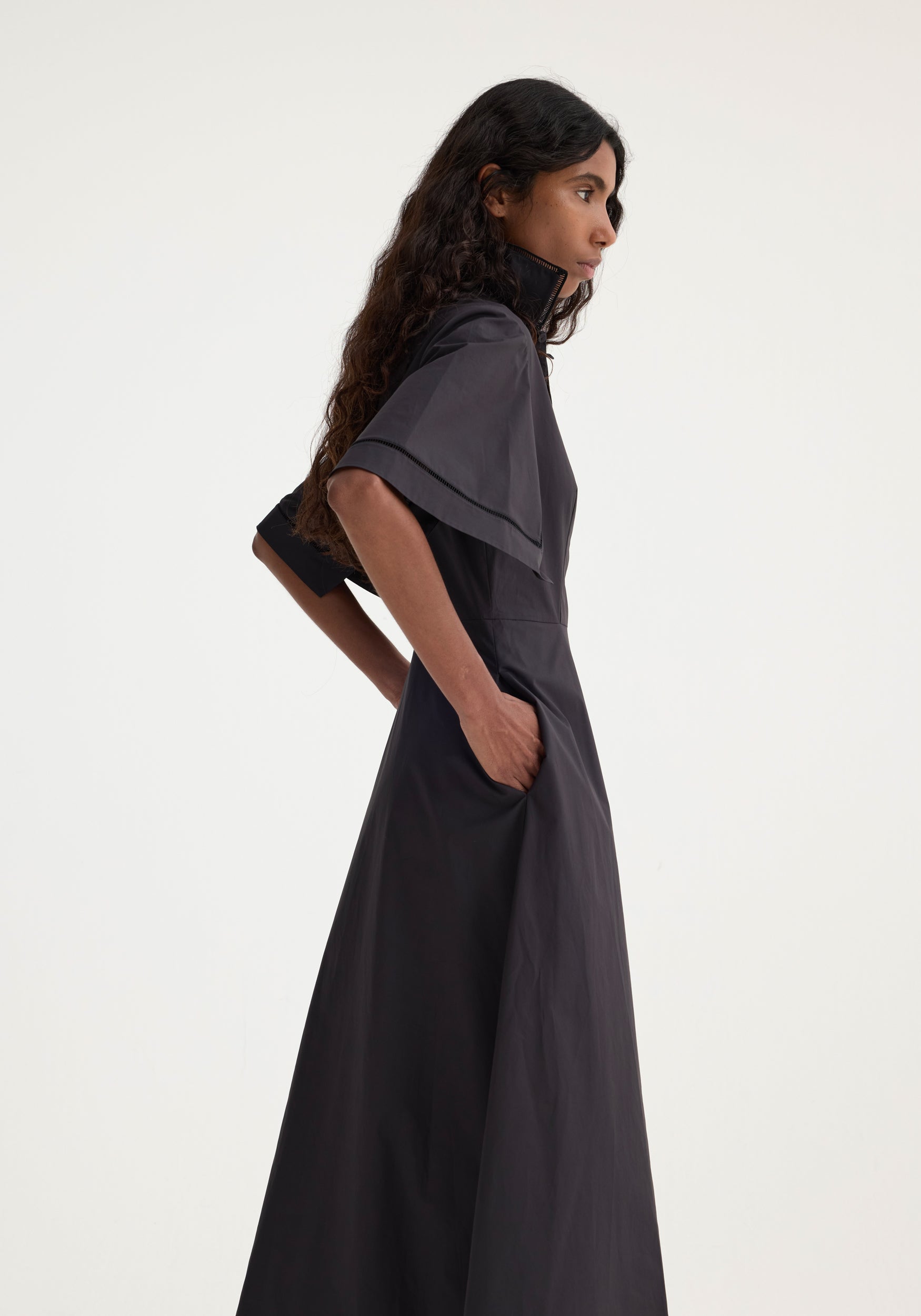 Ladder Embroidered Poplin Dress - Black