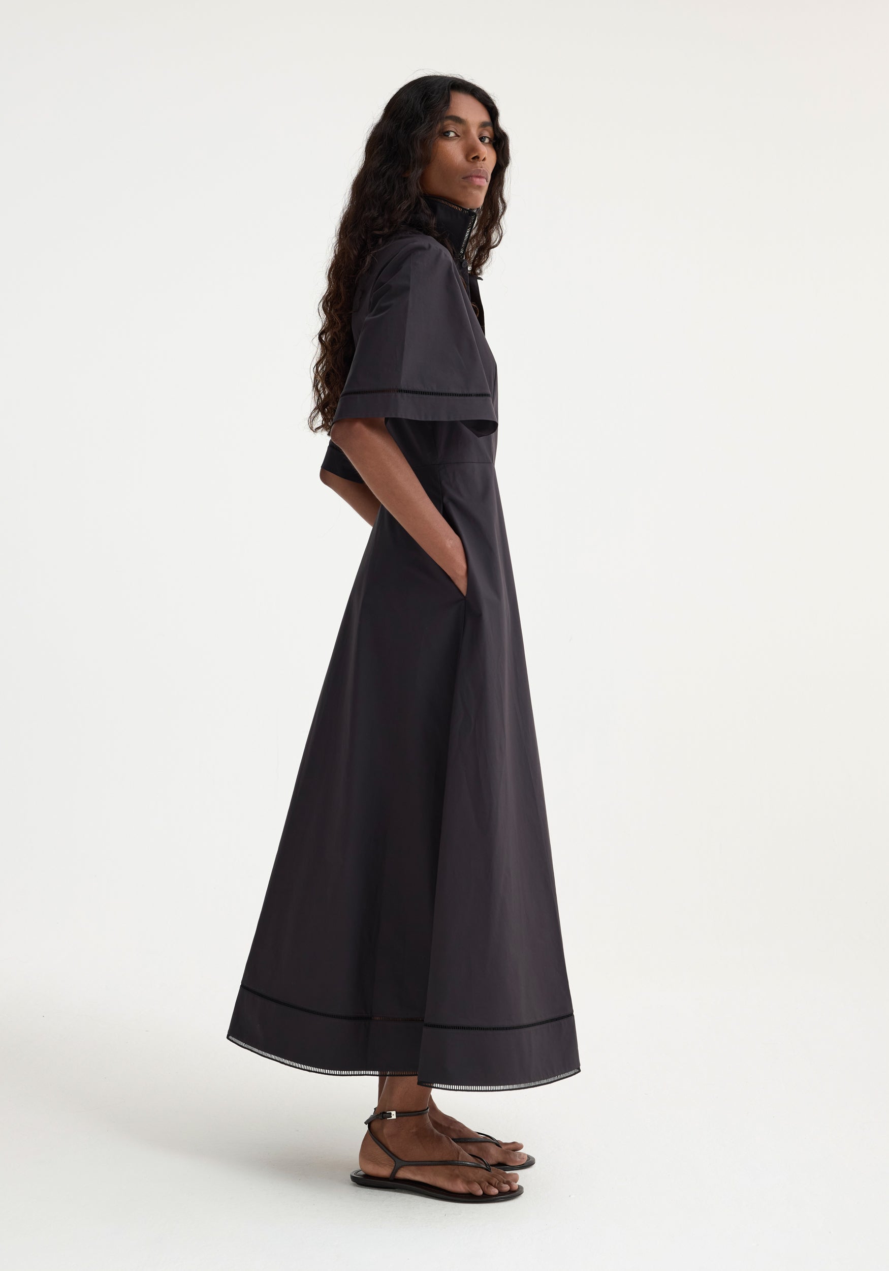 Ladder Embroidered Poplin Dress - Black