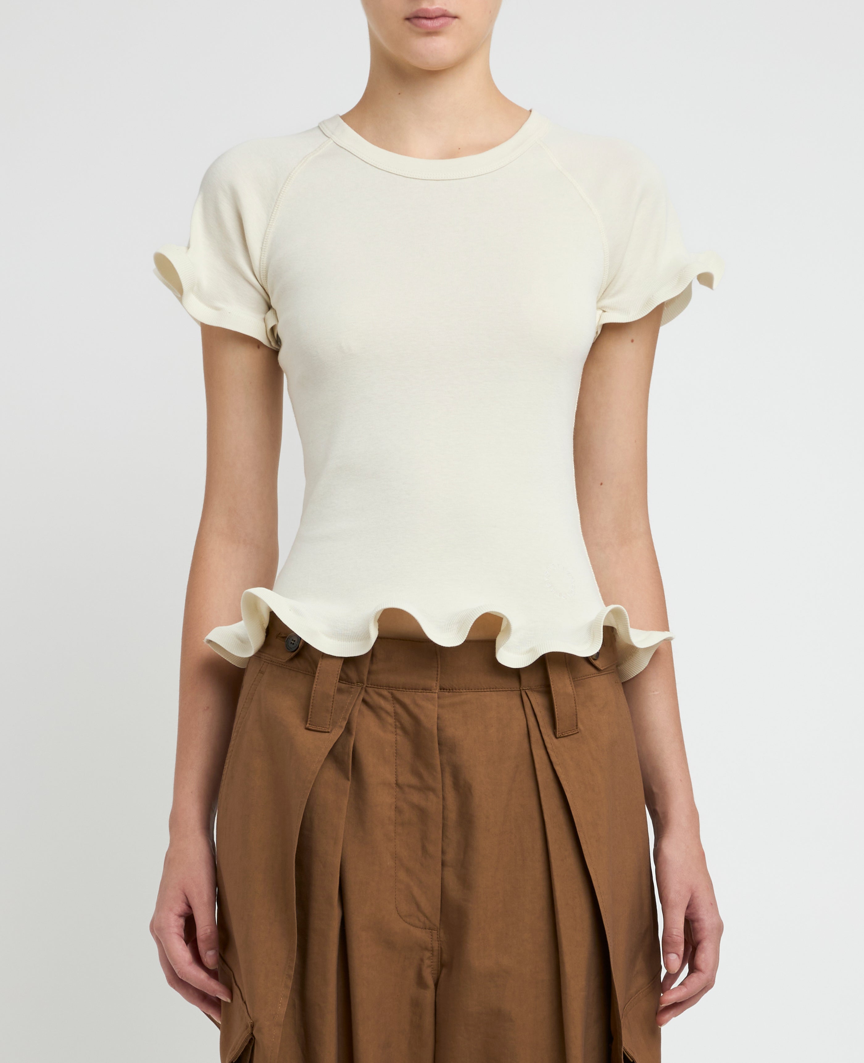 Frilled Hem Rib T-Shirt - Cream