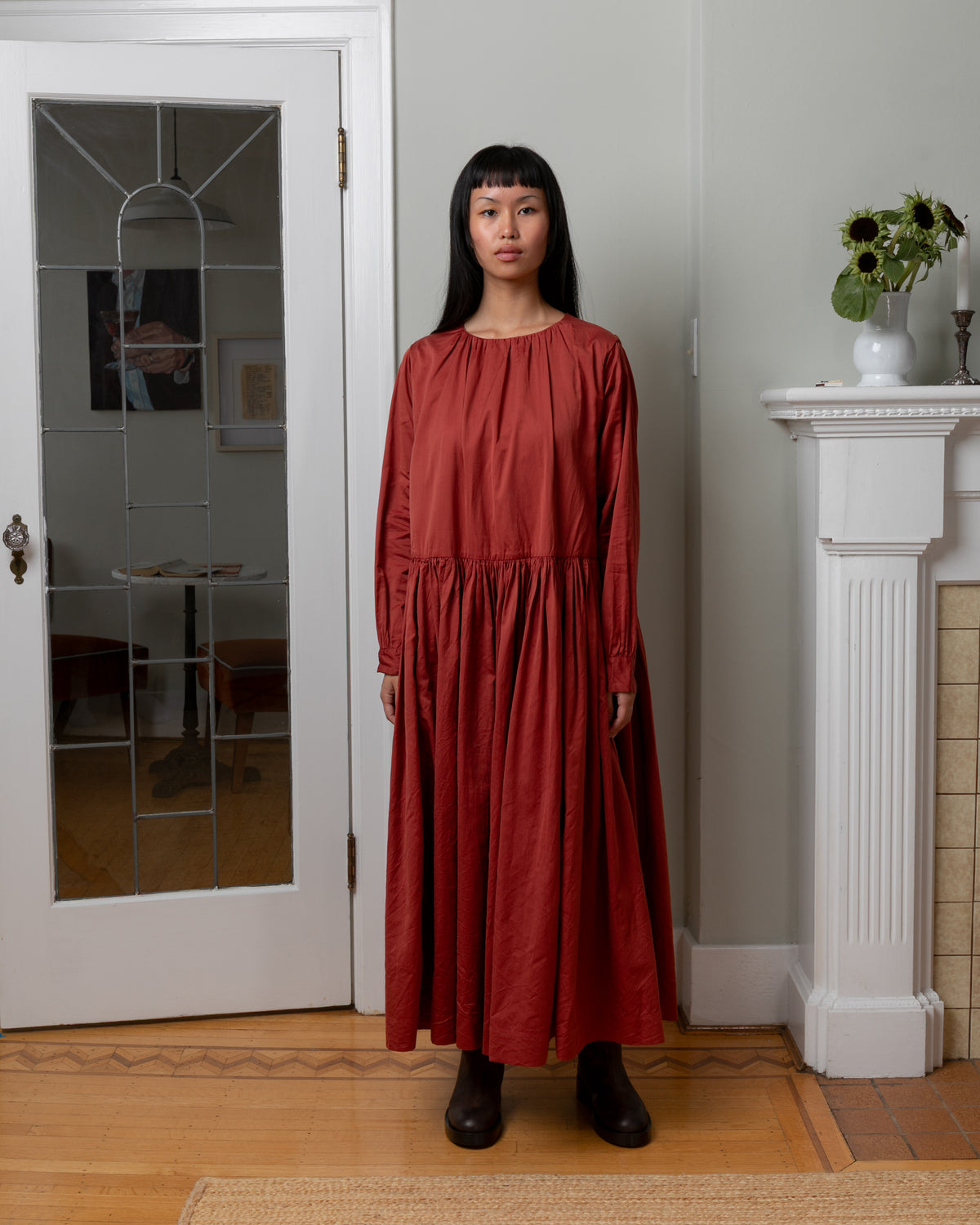 Pomme Ruchee Twill Cotton Silk Dress - Brick