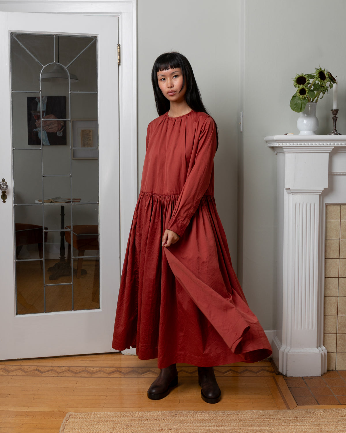 Pomme Ruchee Twill Cotton Silk Dress - Brick