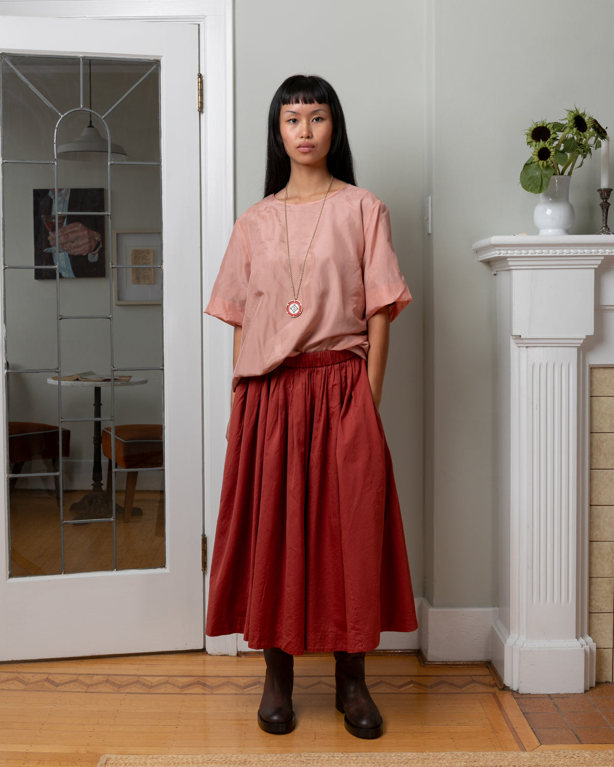 Bb Pleat Twill Cotton Silk Skirt - Brick