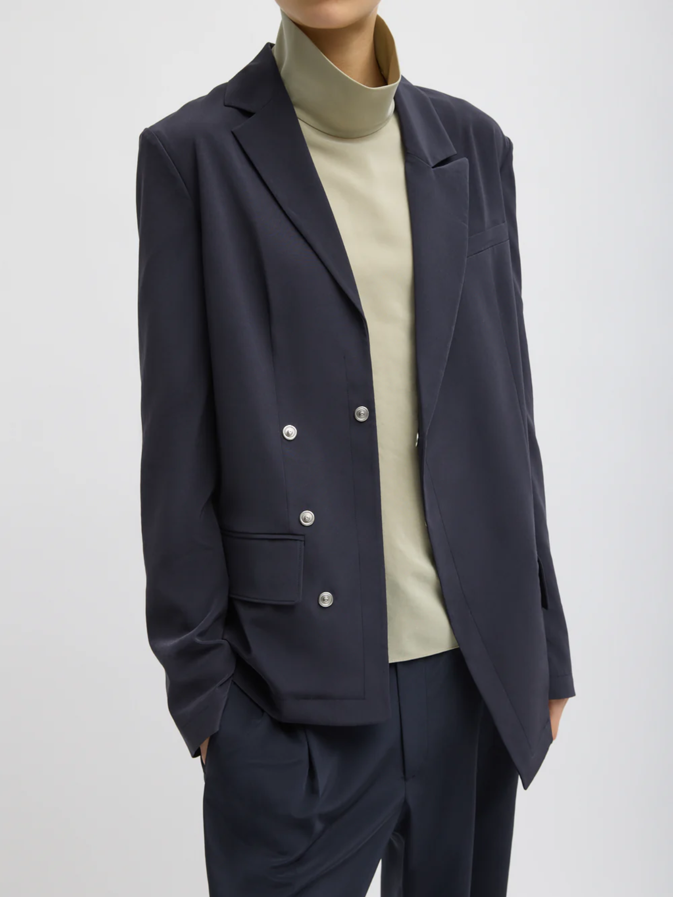 Tibi-Relaxed Suiting Asymmetrical Wrap Blazer - Navy-Blazers-Boboli-Vancouver-Canada