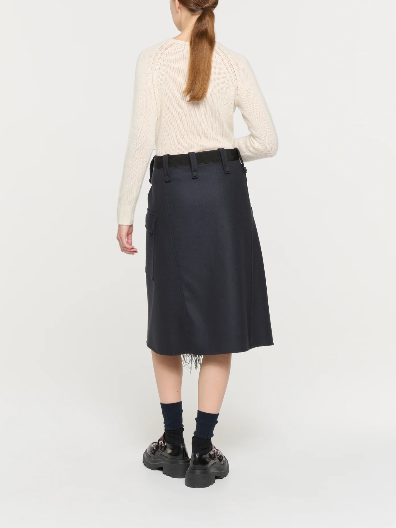 Plan C-Wool Midi Skirt w/Feather Insert - Blue Black-Skirts-Boboli-Vancouver-Canada