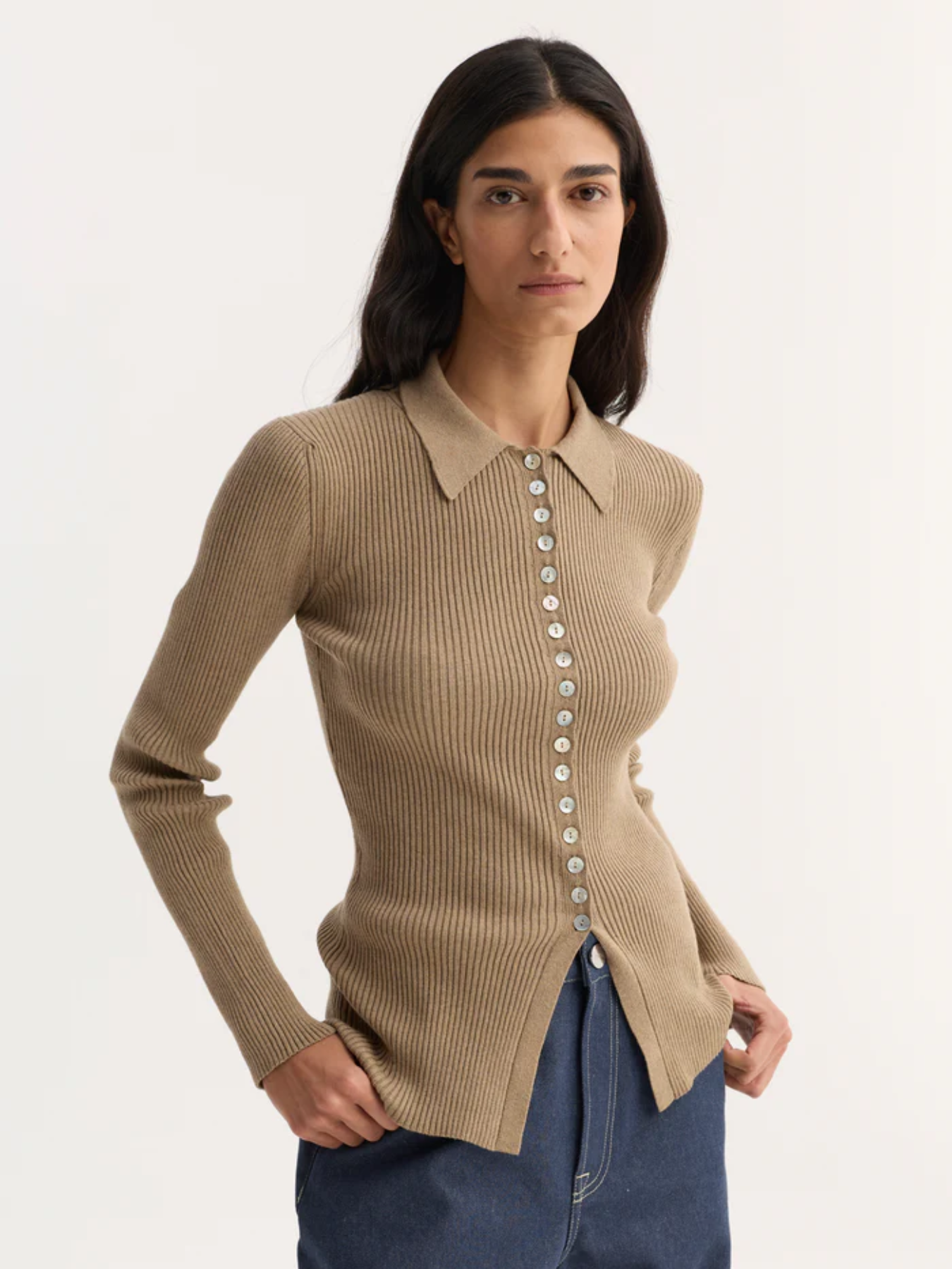 Rohe-Elongated Rib Cardigan - Taupe Melange-Cardigans-Boboli-Vancouver-Canada