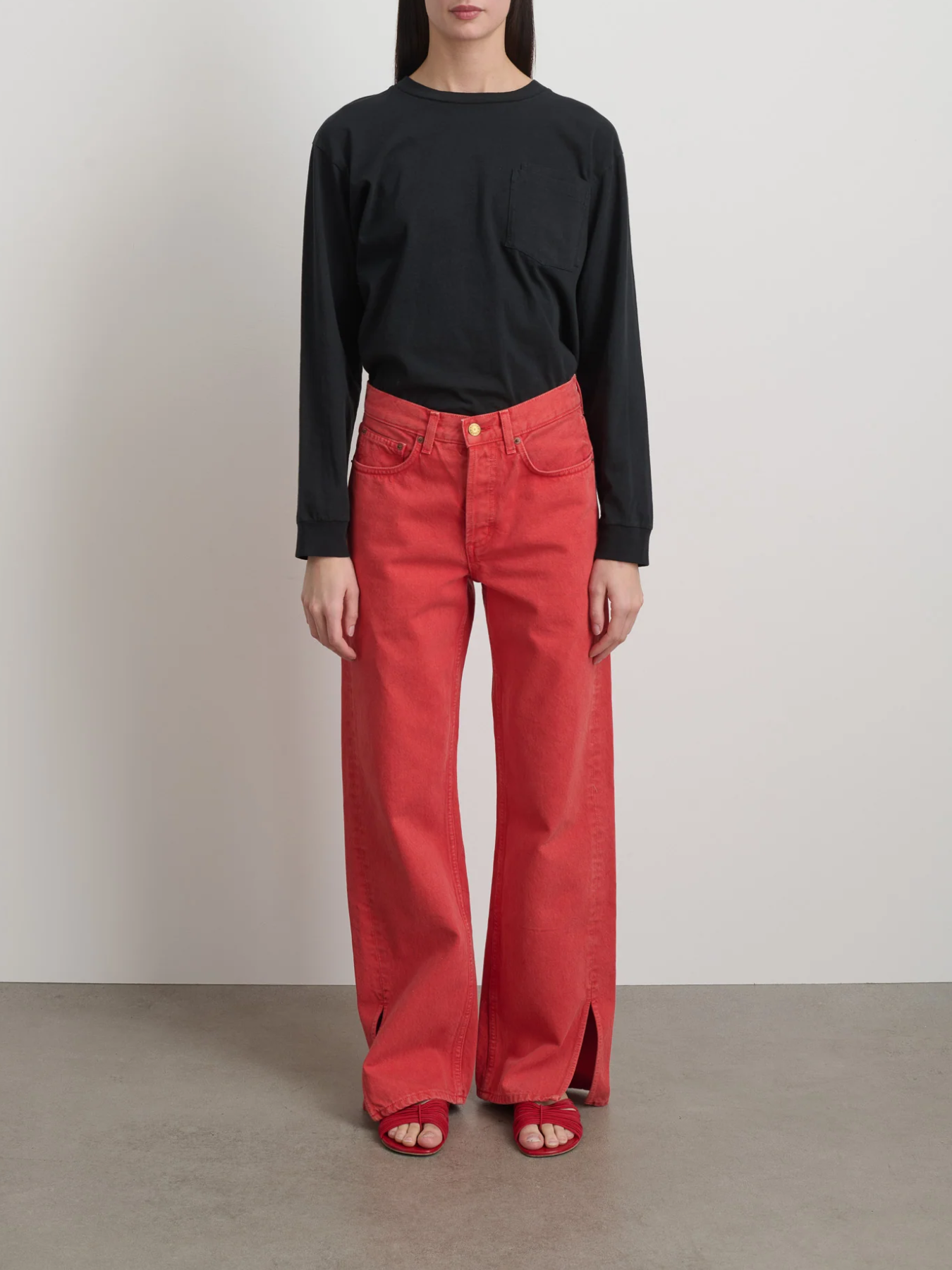 B Sides-Charlot Split Hem Denim - Faded Tomato Overdye-Pants-Boboli-Vancouver-Canada
