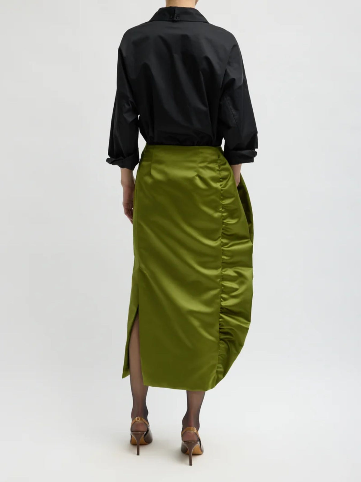 Tibi-Tech Satin Side Ruffle Skirt - Ick Green-Skirts-Boboli-Vancouver-Canada
