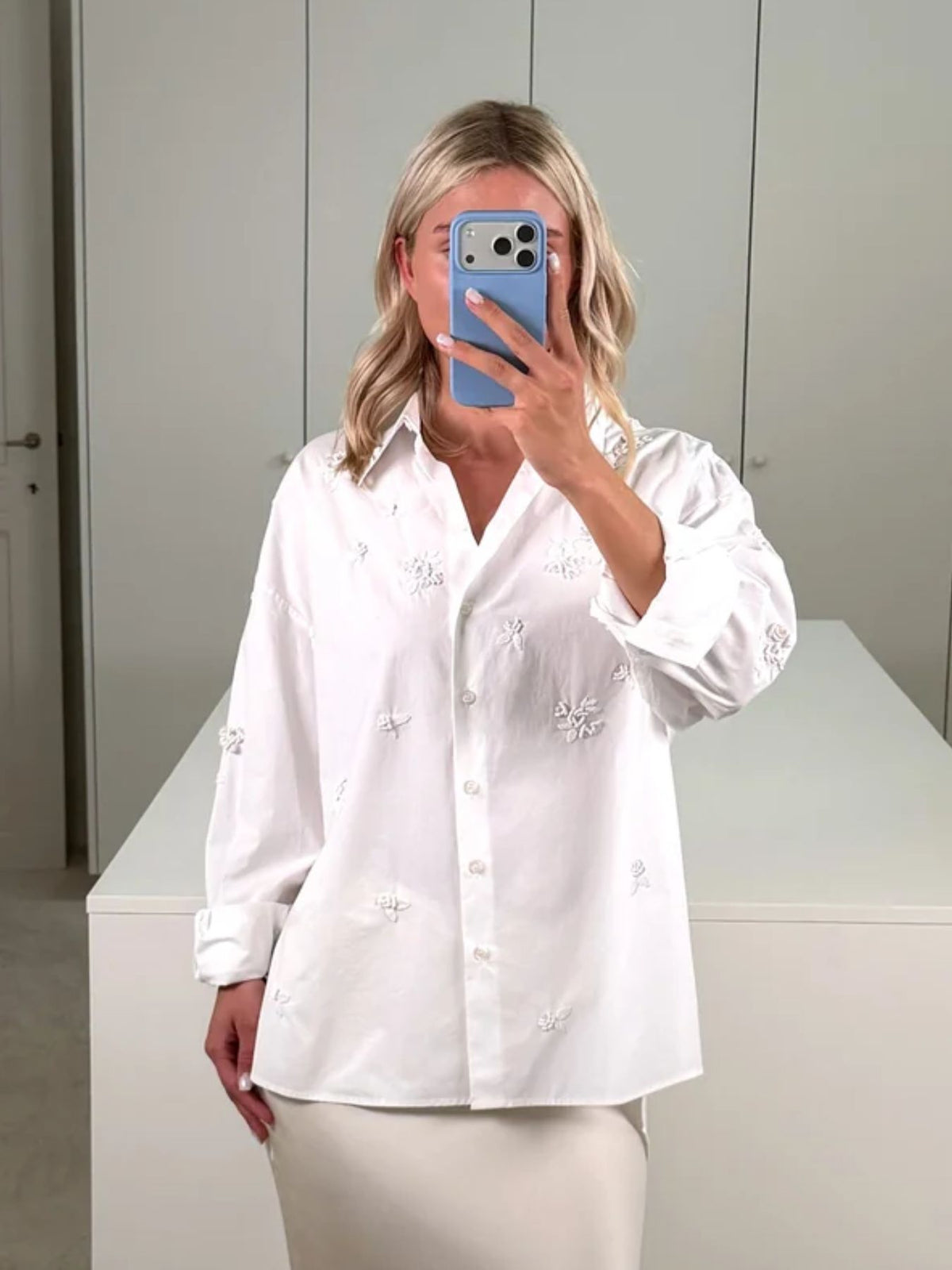 Bernadette-Everett Shirt Lingerie Embroidered Cotton-White Rose Embroil On Optic White-Shirts-Boboli-Vancouver-Canada