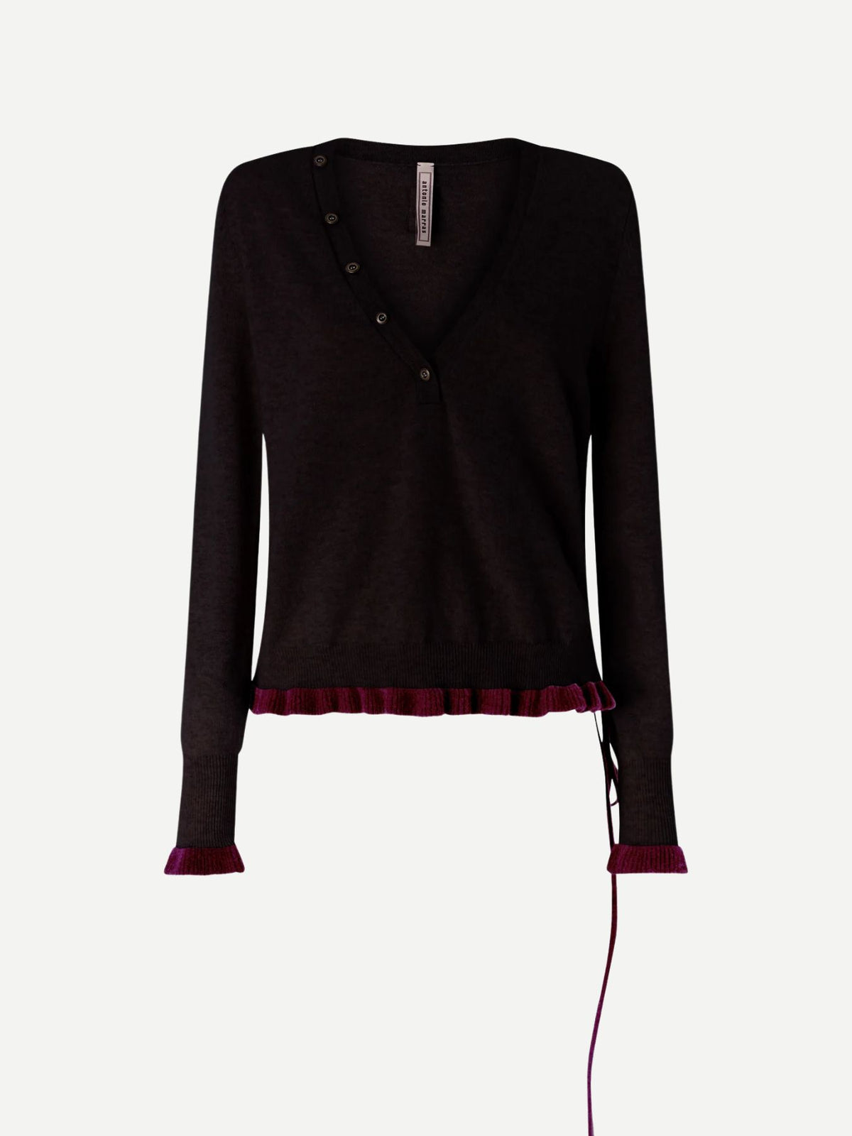 Antonio Marras-V Neck Cashmere Sweater With Ruffles - Brown Burgundy-Sweaters-Boboli-Vancouver-Canada