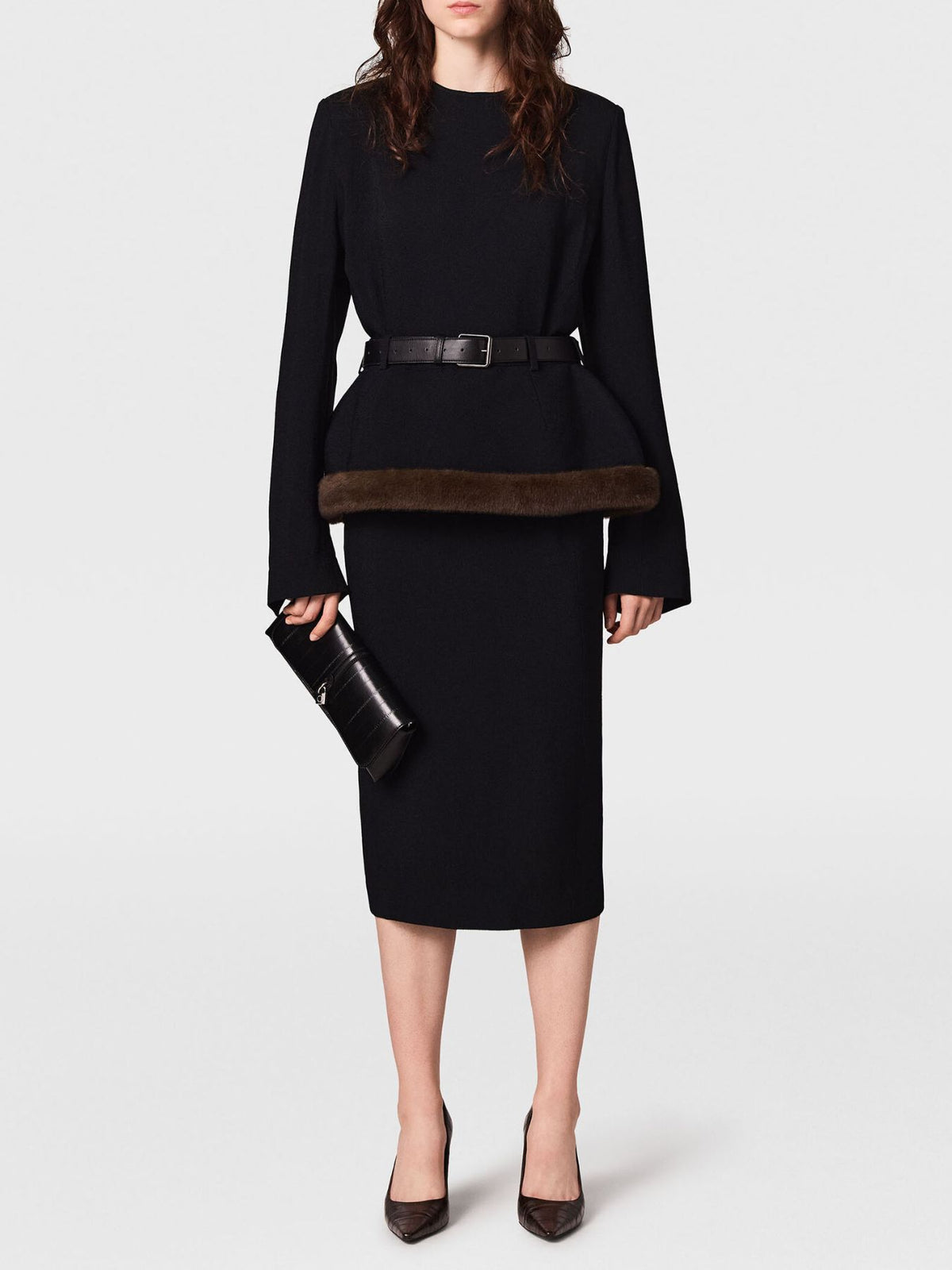 Stella McCartney-Belted Fur Trimmed Sable Midi Dress - Black-Dresses-Boboli-Vancouver-Canada