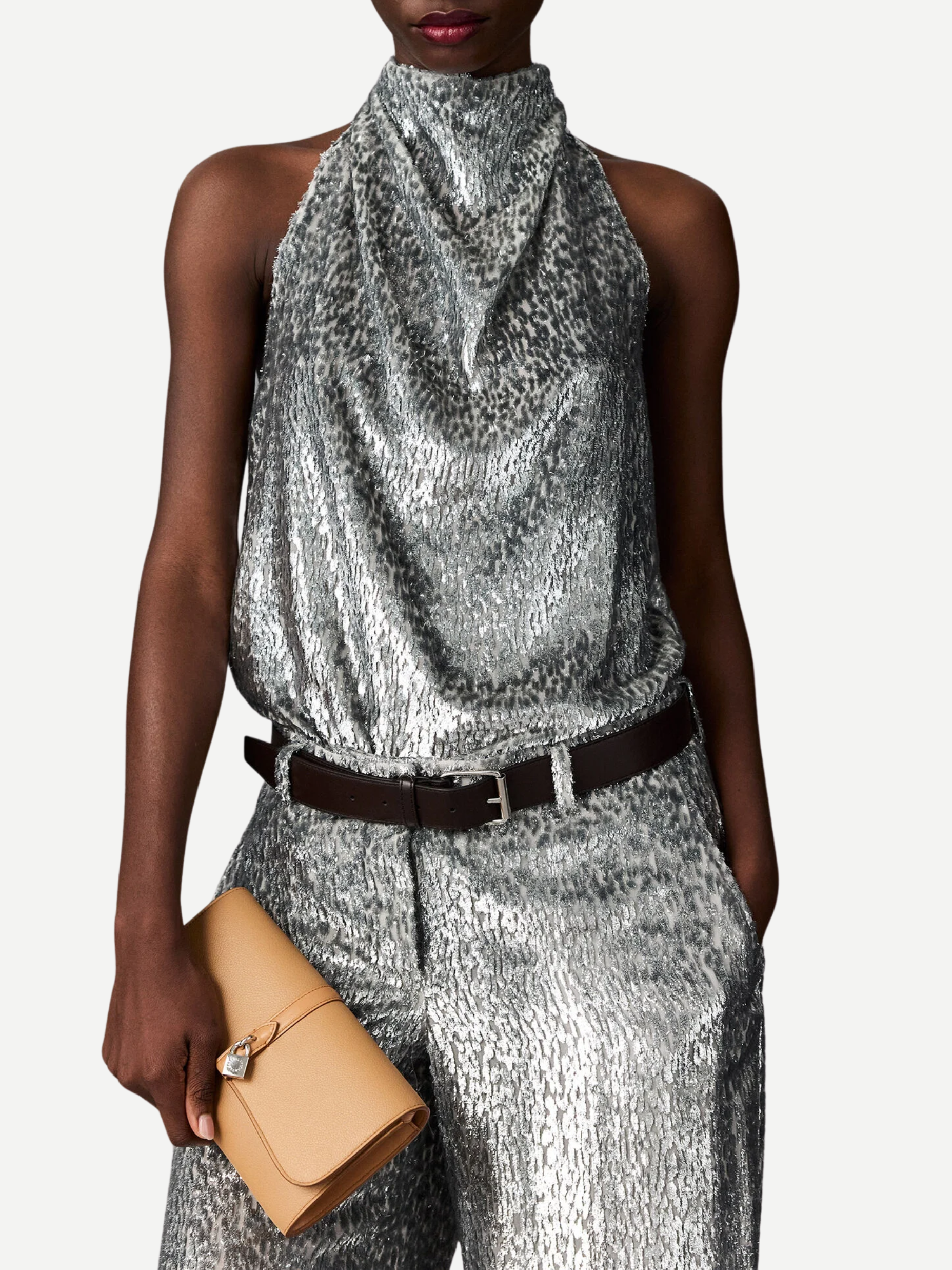 Stella McCartney-Metallic Velvet Halterneck Top - Silver-Tops-Boboli-Vancouver-Canada