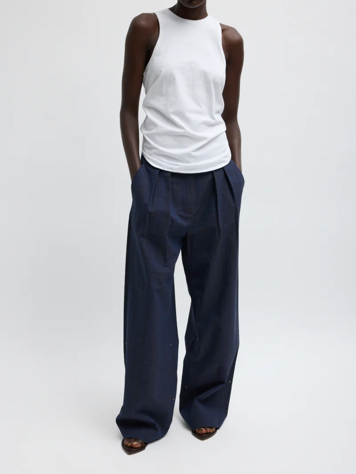 Tibi-Menswear Crepon Stella Full Length Pant - Navy Multi-Pants-Boboli-Vancouver-Canada
