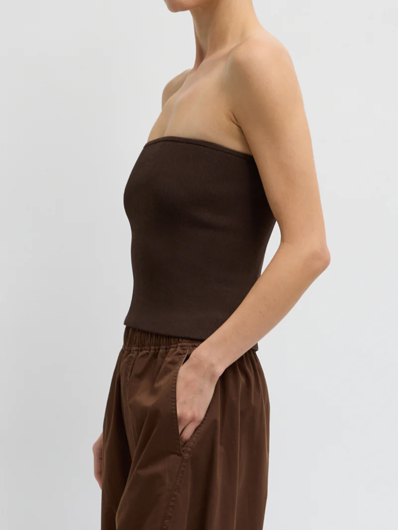 Tibi-Ribbed Sweater Tube Top - Hickory Brown-Tops-Boboli-Vancouver-Canada