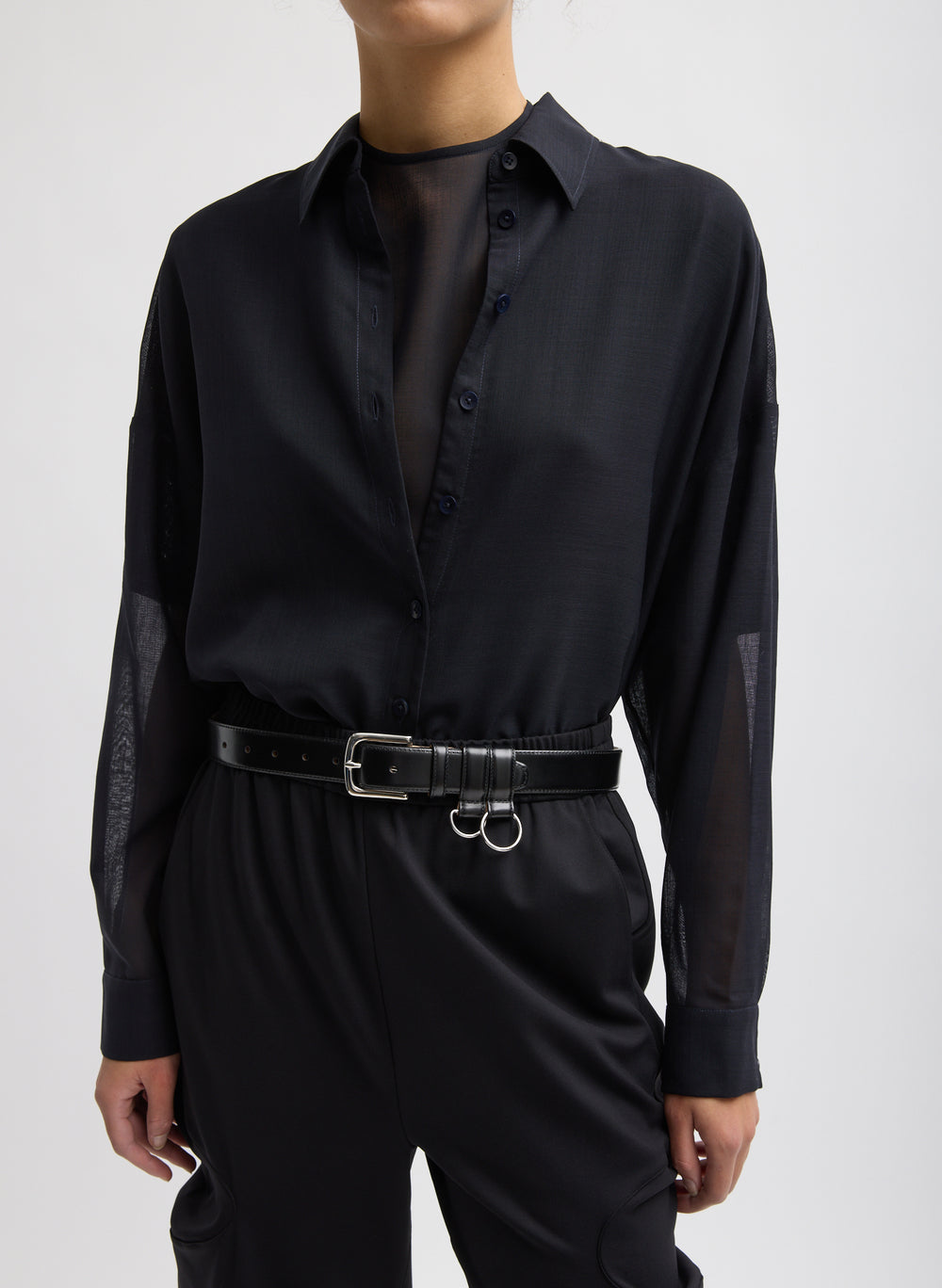 Tibi-Sheer Wool Gauze Oversized Shirt - Navy-Shirts-Boboli-Vancouver-Canada