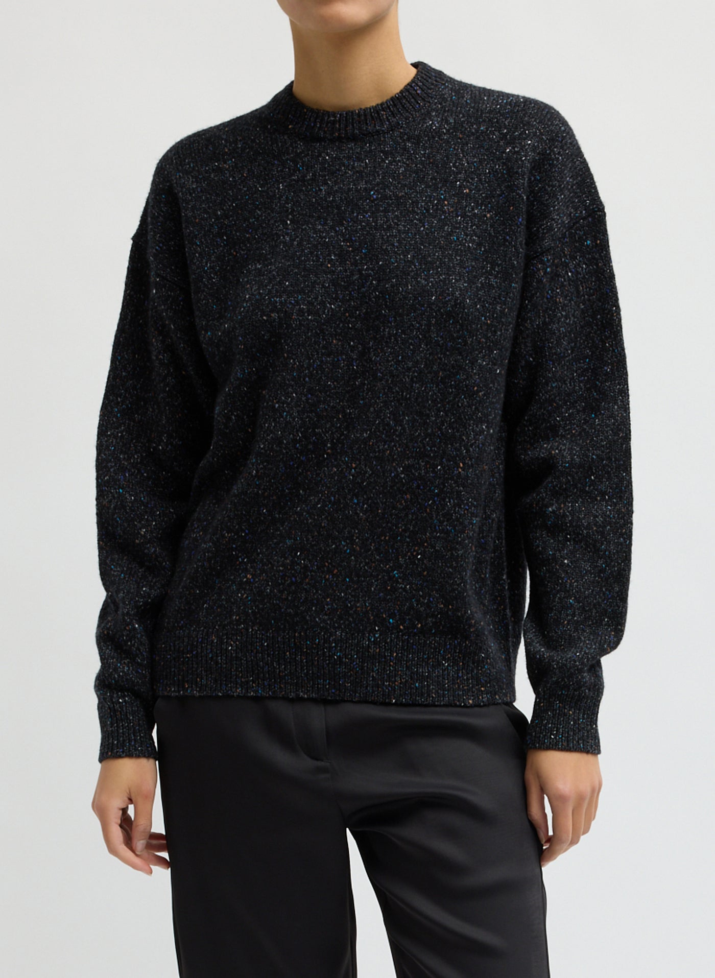 Tibi-Speckled Tweed Crewneck Easy Pullover - Black Multi-Sweaters-Boboli-Vancouver-Canada