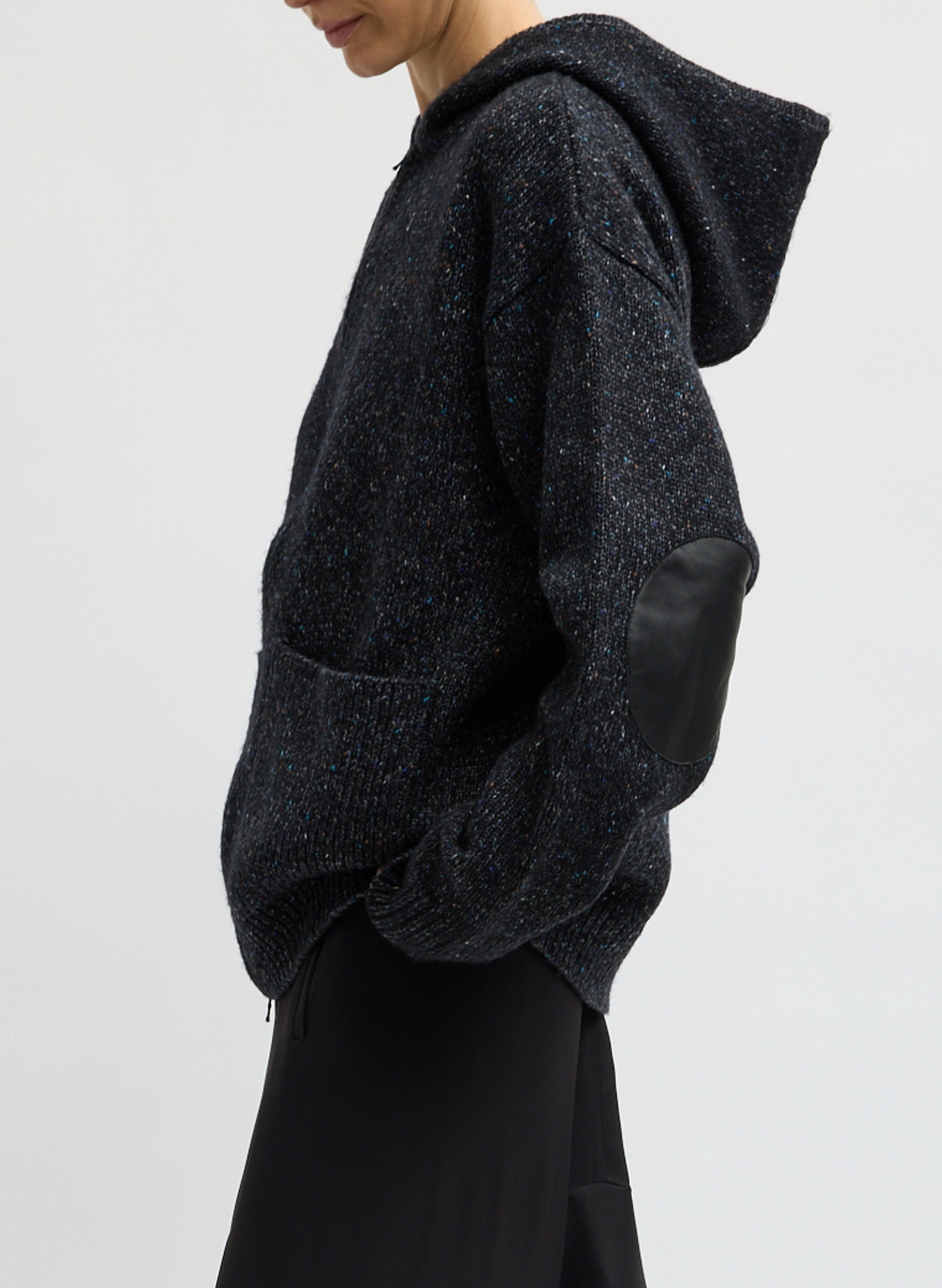 Tibi-Speckled Tweed Zip Up Hoodie with Leather Patch - Black Multi-Jackets-Boboli-Vancouver-Canada