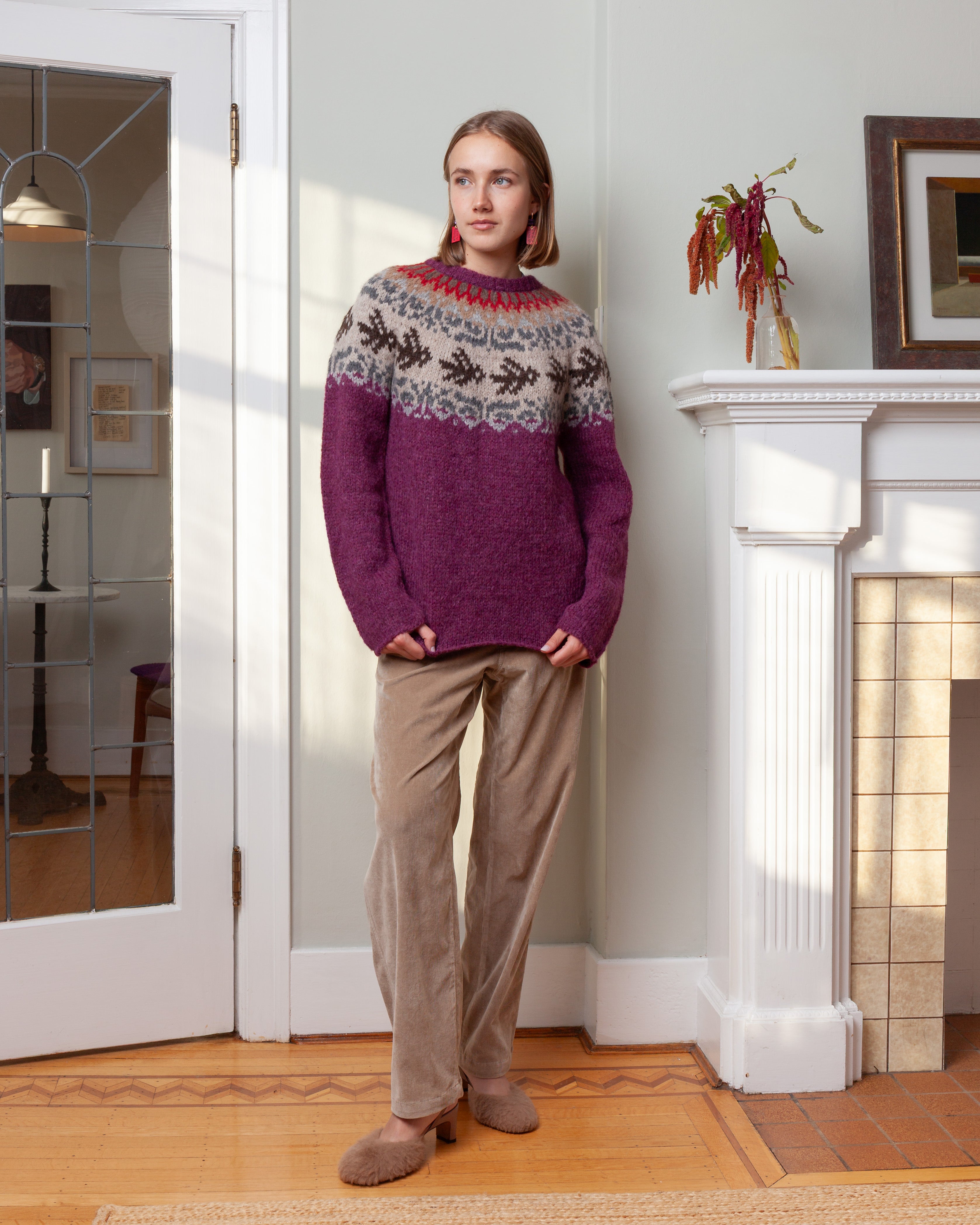 Round Neck Sweater Fairisle Bird L.S. - Fuchsia