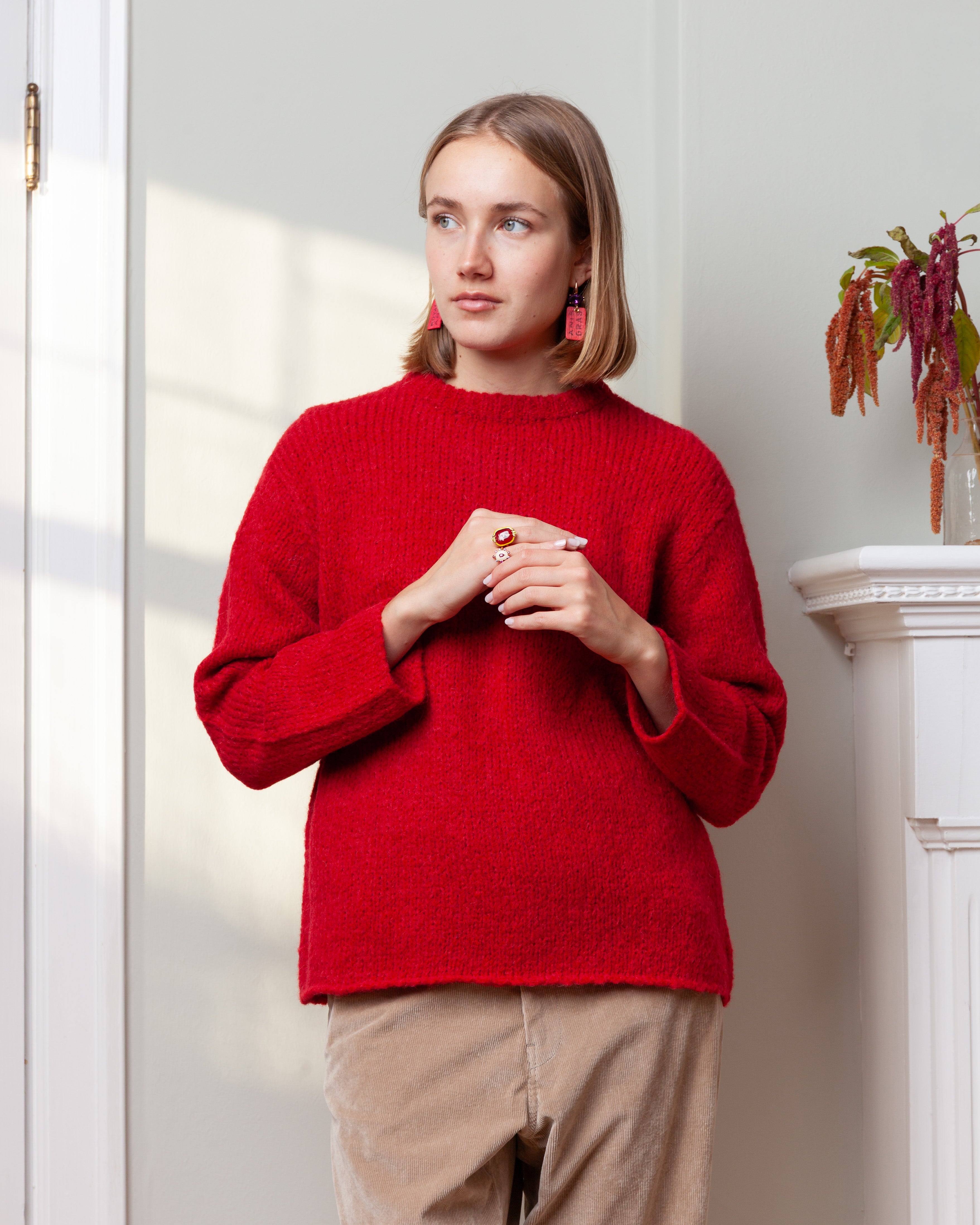 Round Neck w/Rib L.S. Sweater - Red