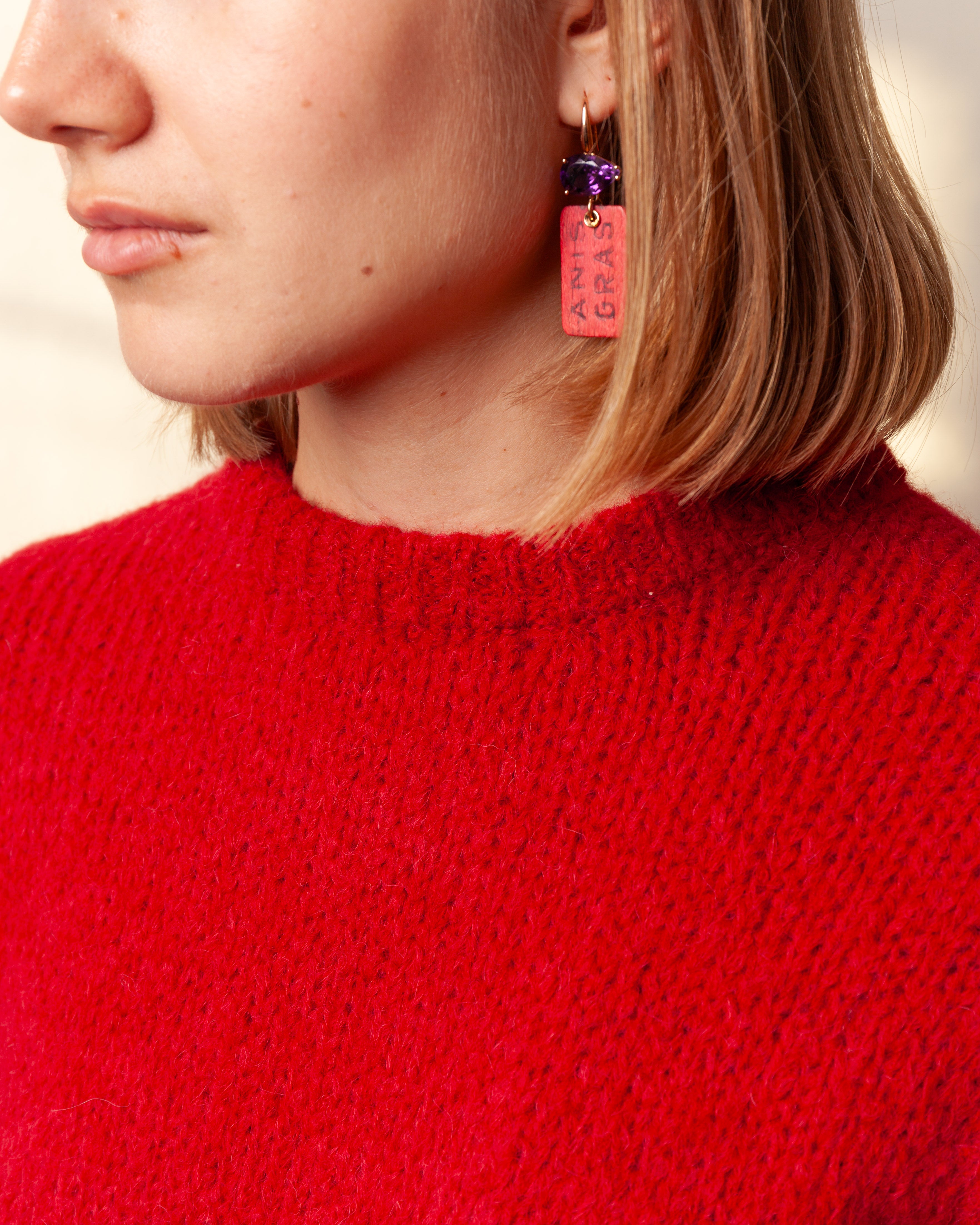 Round Neck w/Rib L.S. Sweater - Red