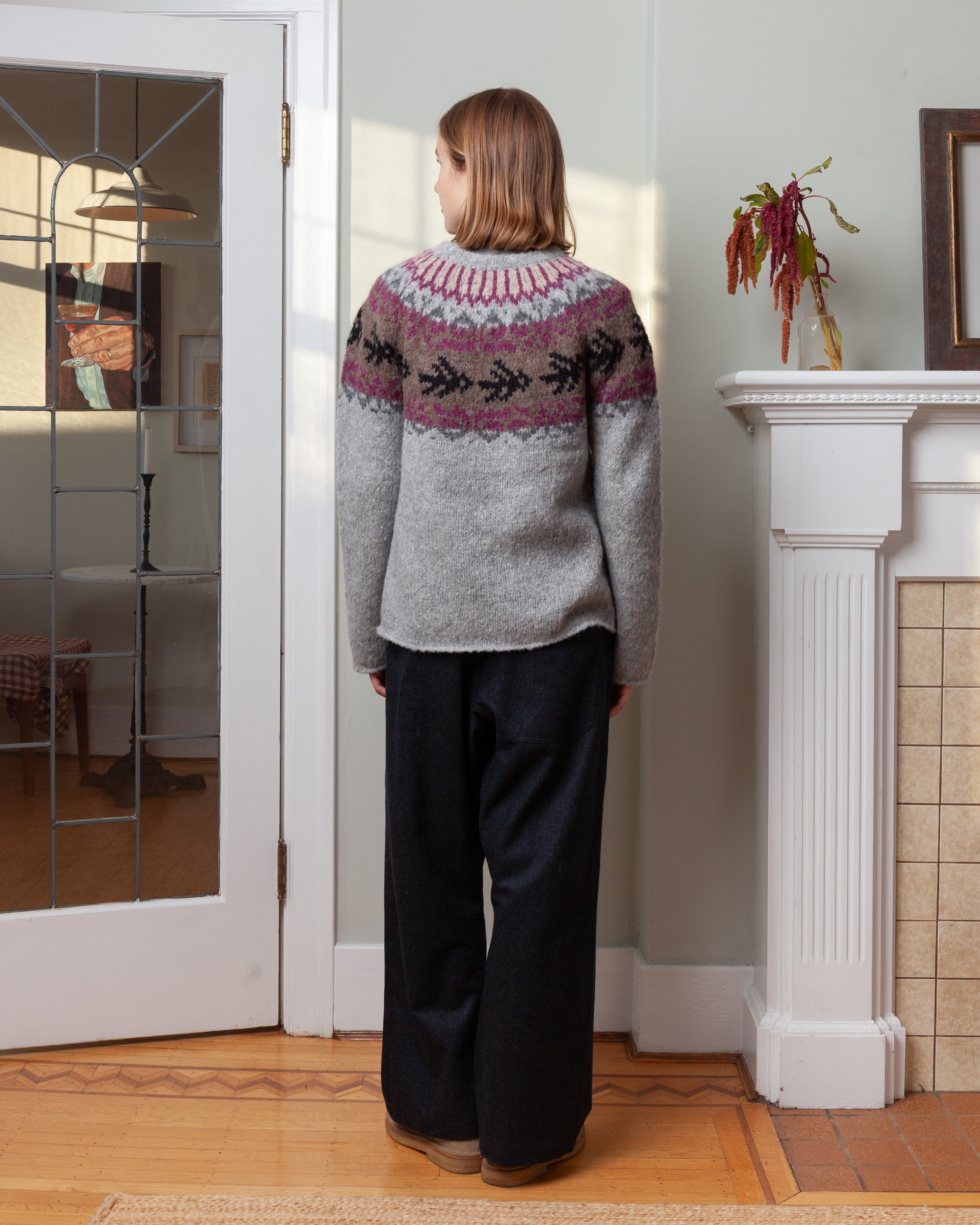 Round Neck Sweater Fairisle Bird L.S. - Light Gray