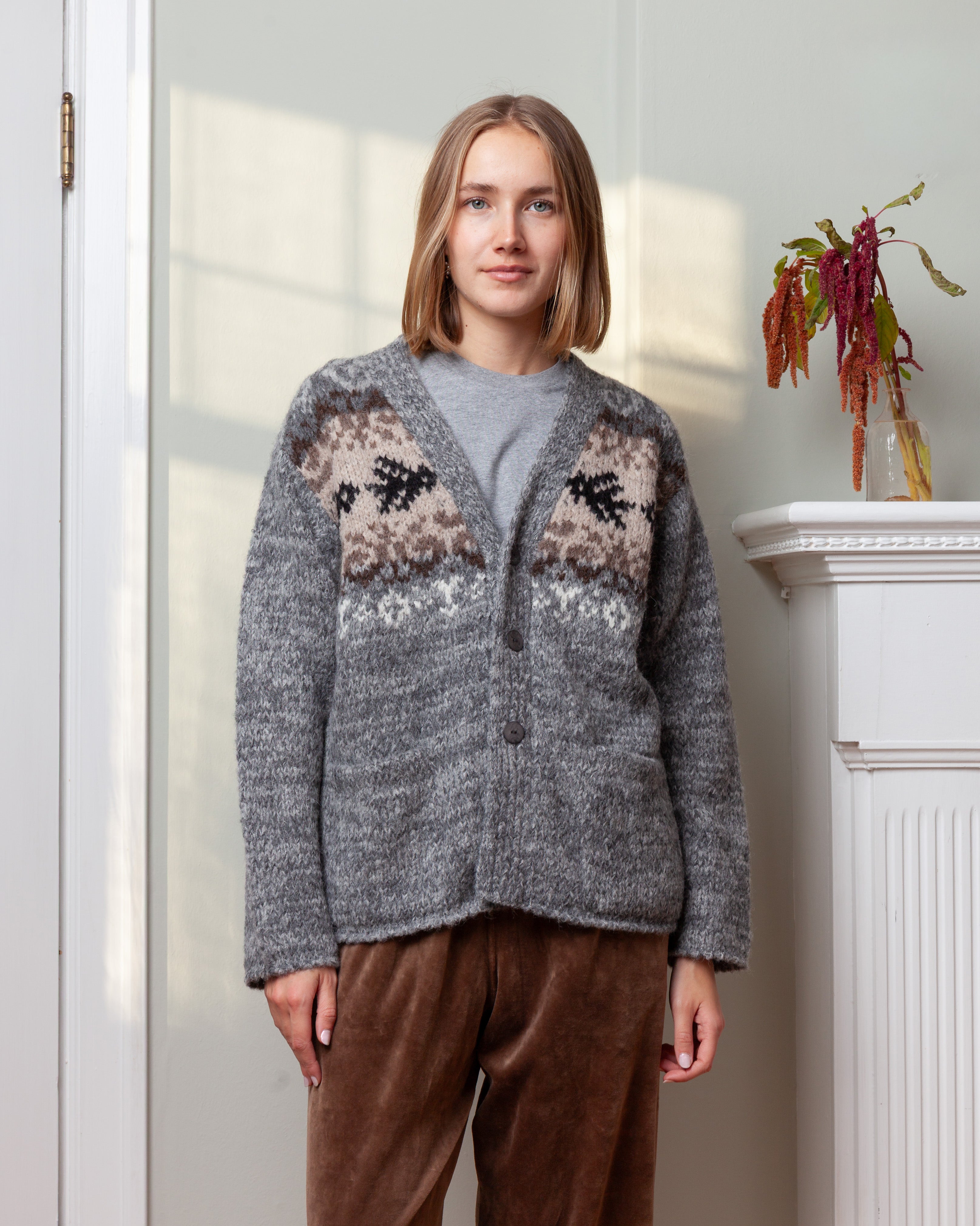3 Buttons Fairisle V Neck Cardigan - Mix Gray