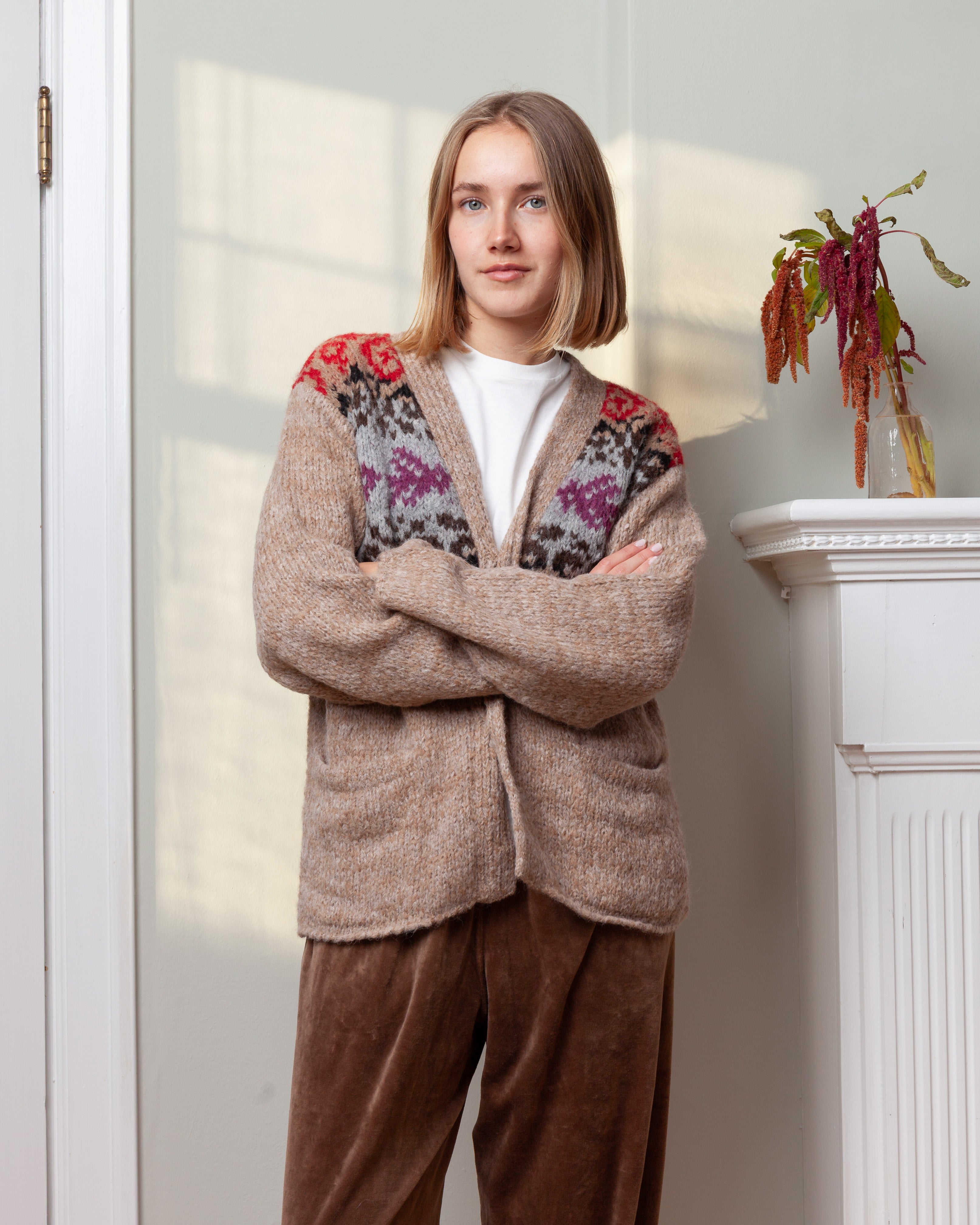 3 Buttons Fairisle V Neck Cardigan - Beige