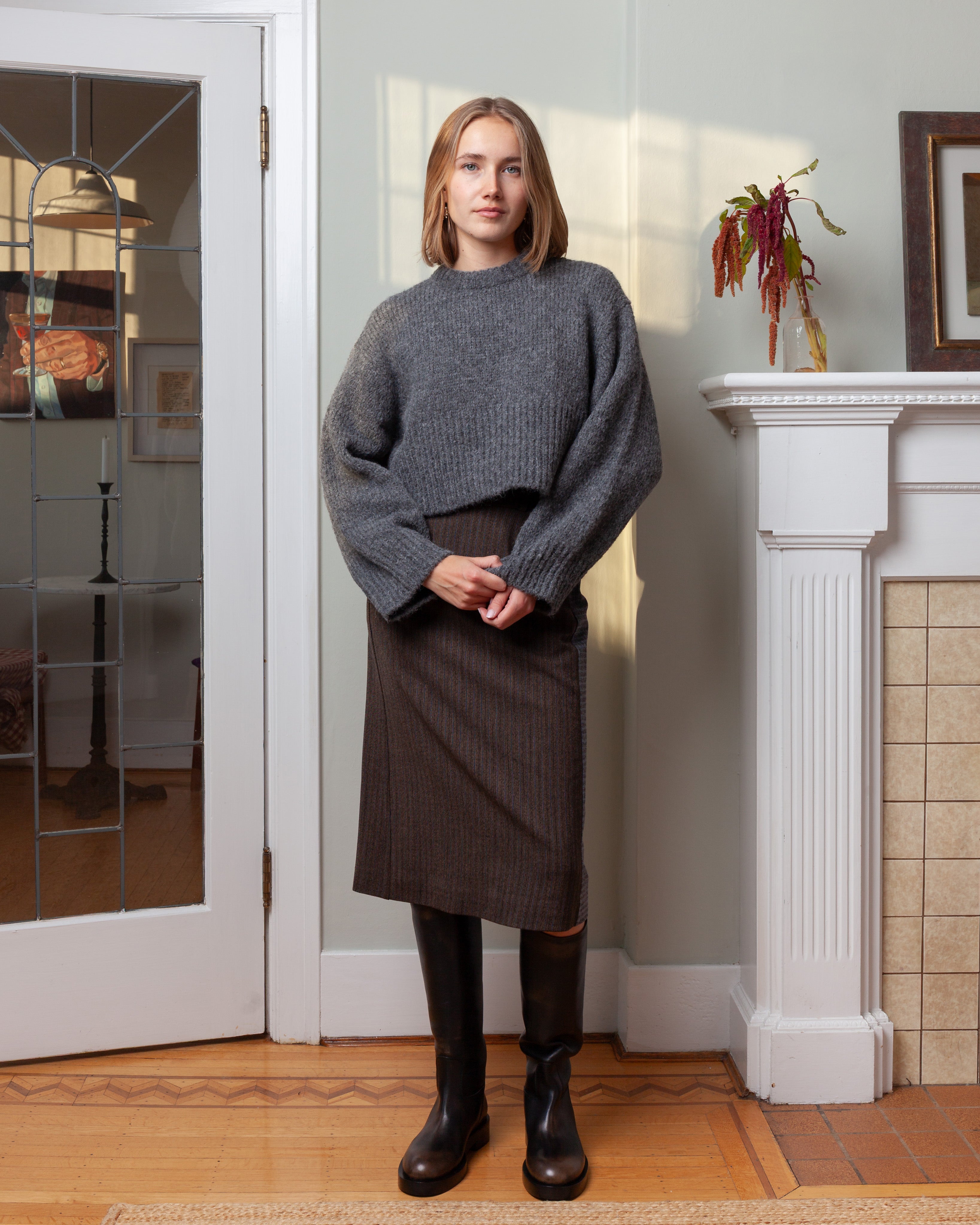 Wool Straight-Cut Midi Skirt - Brown/Blue