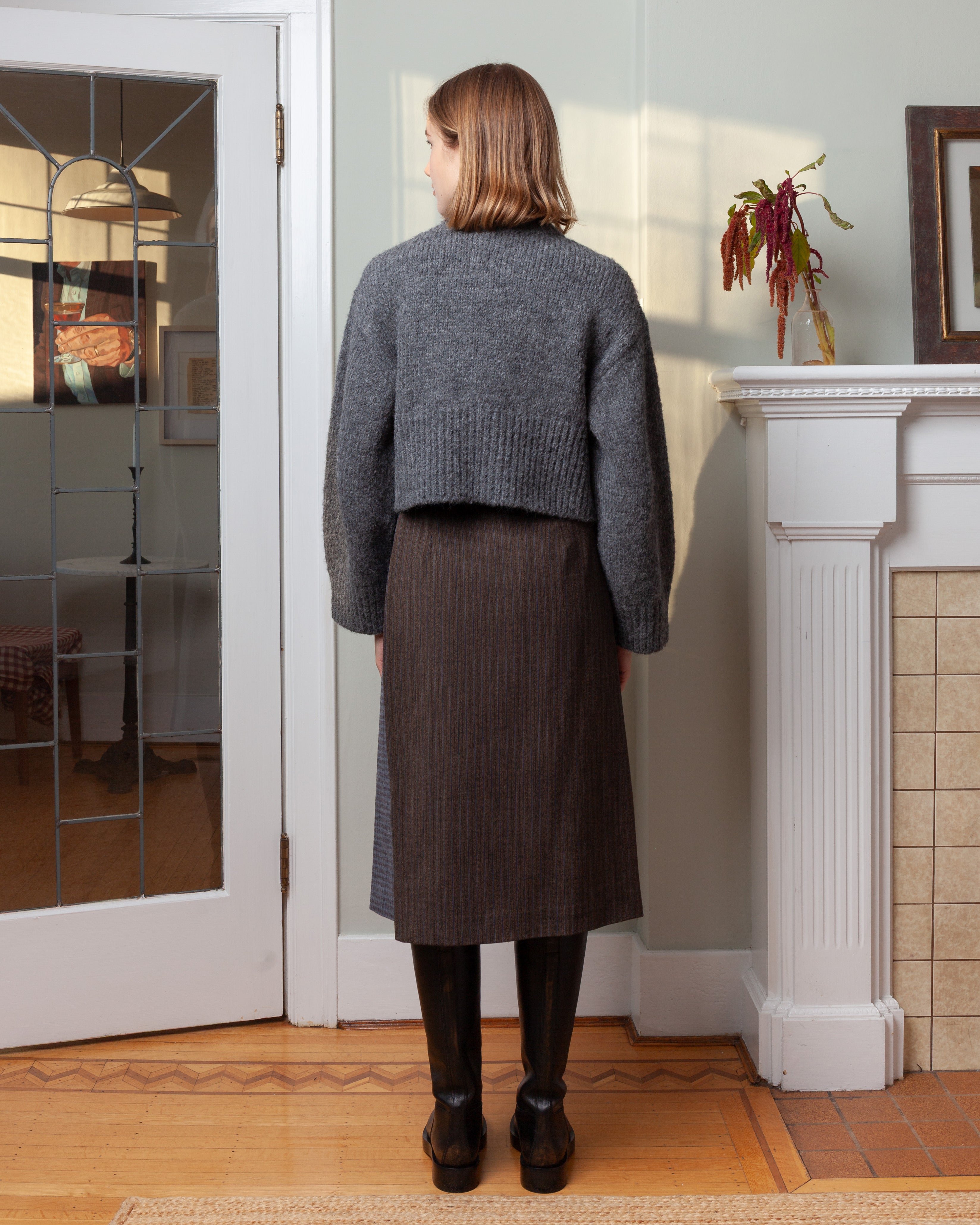 Wool Straight-Cut Midi Skirt - Brown/Blue