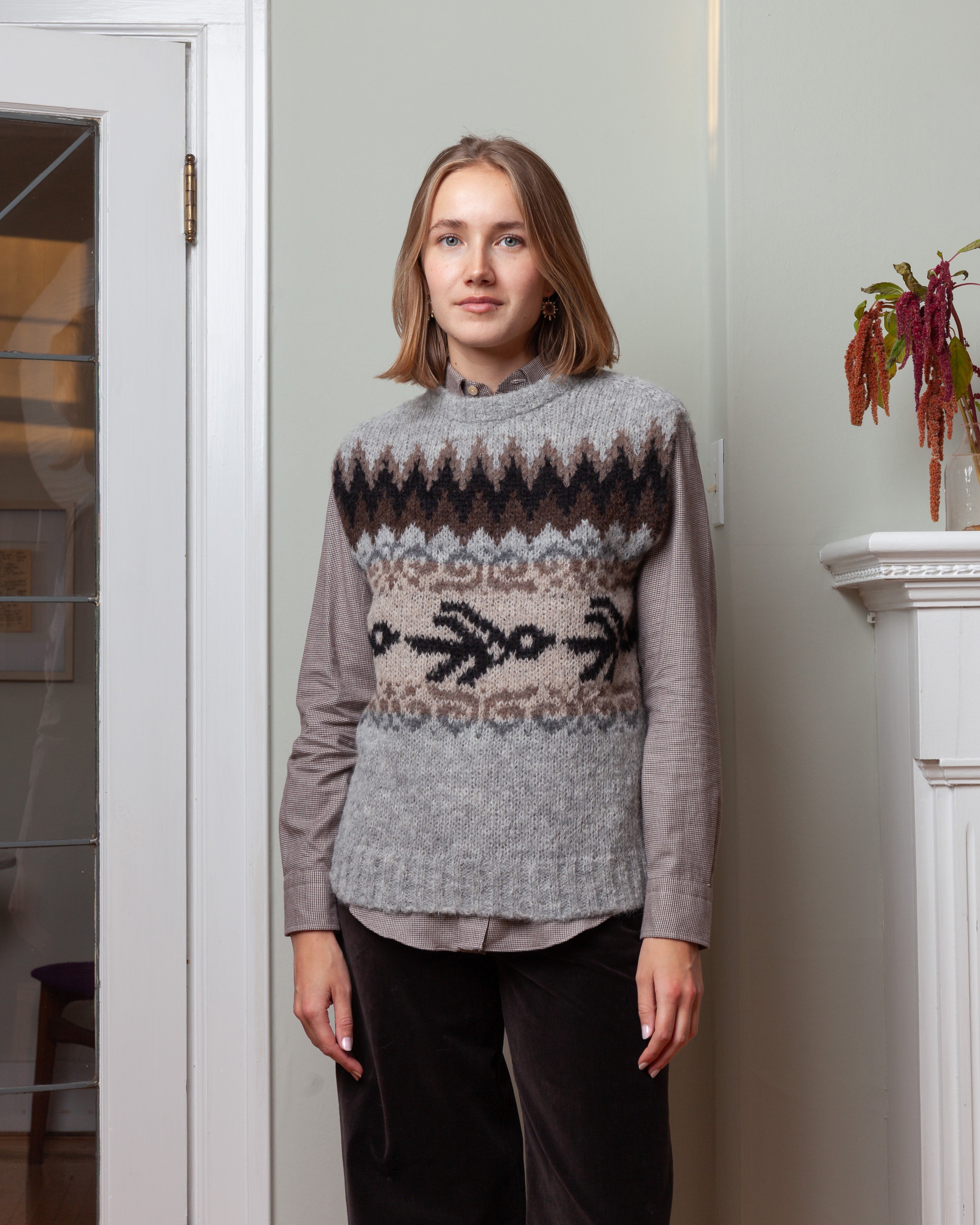 Round Neck Sleeveless Fairisle Pullover - Light Gray