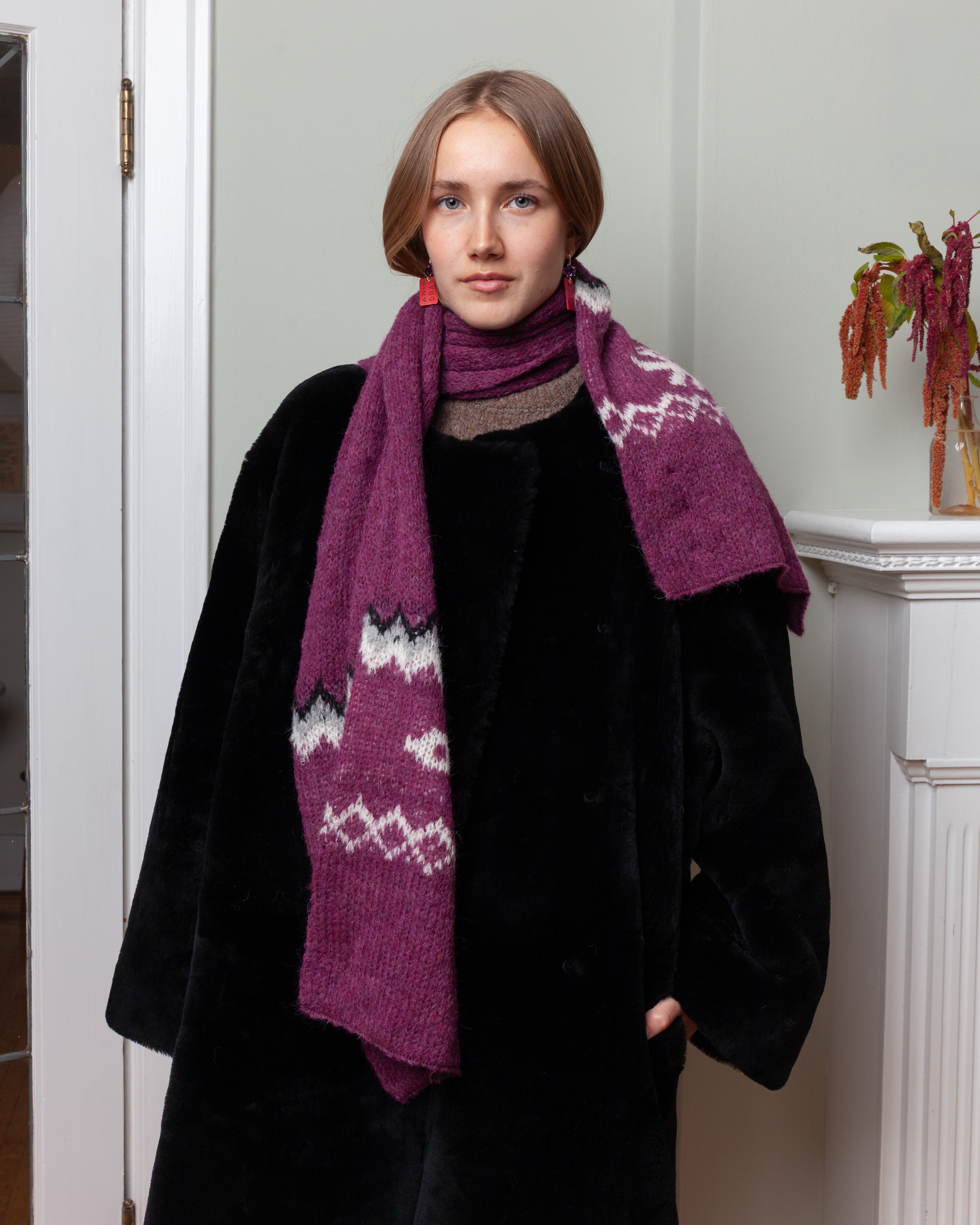 3 Threads Fairisle Bird Scarf - Fuchsia