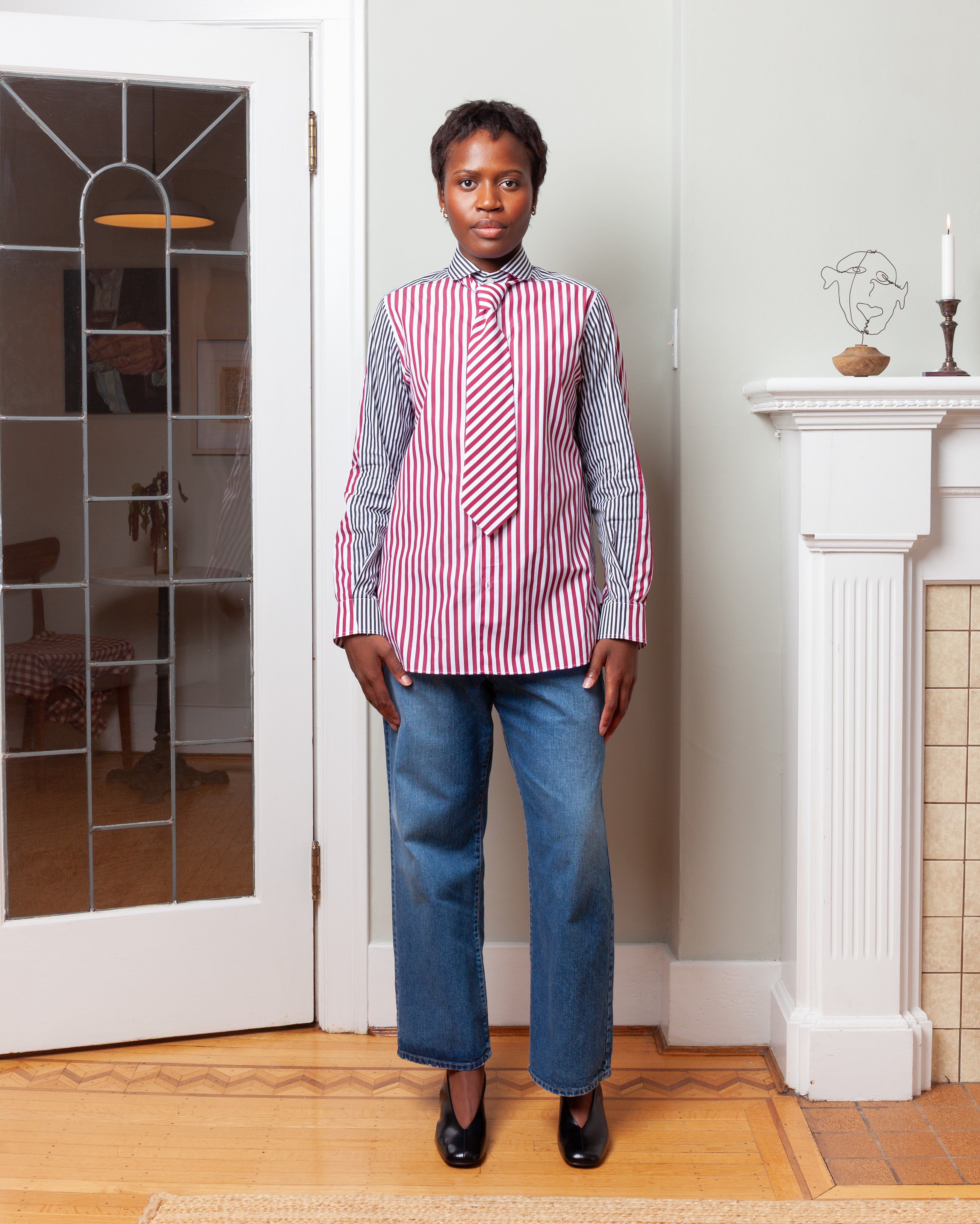 Patchwork Chemise De Garcon - Bordeaux Stripe/Black & White