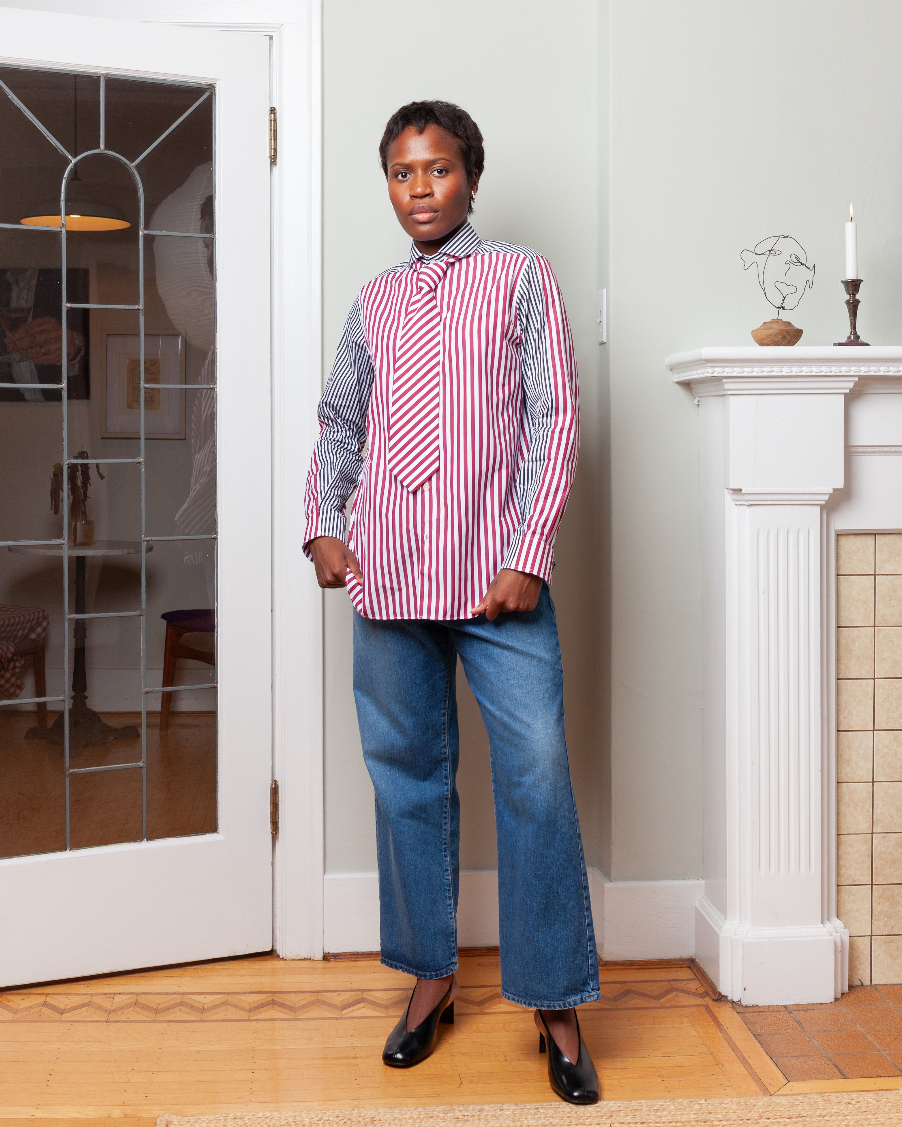 Patchwork Chemise De Garcon - Bordeaux Stripe/Black & White