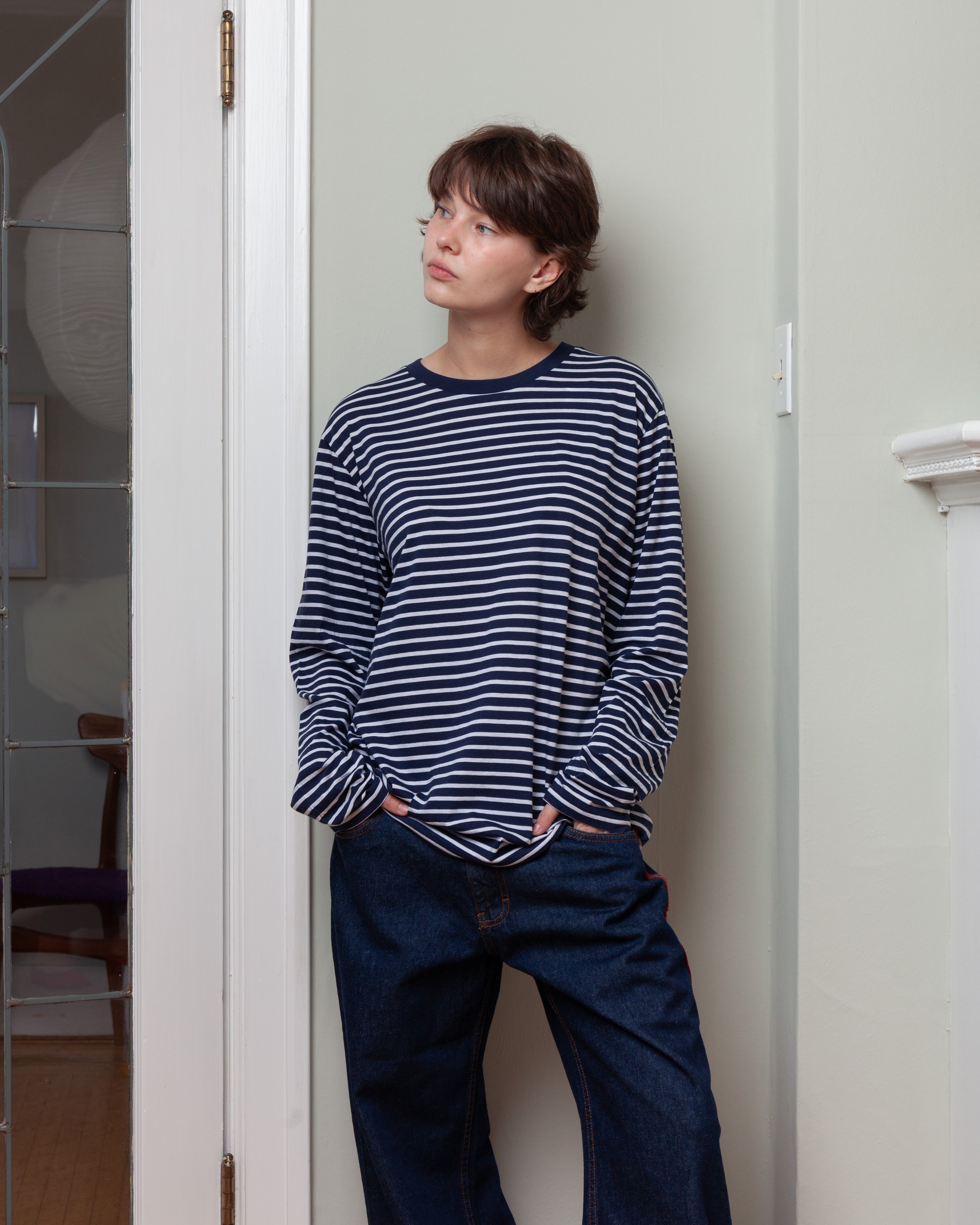 Striped Round Neck L.S. T-Shirt - White/Navy
