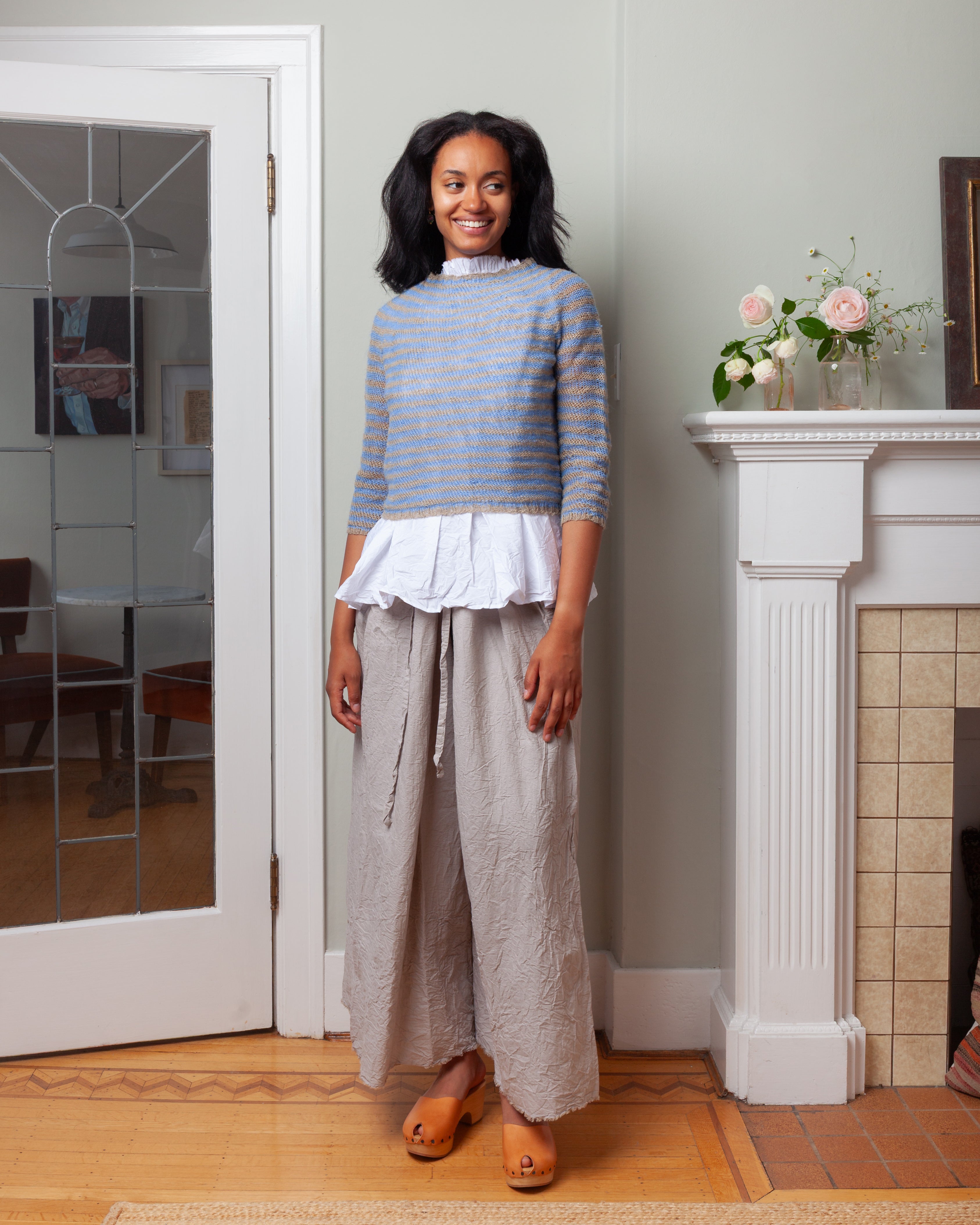 Daniela Gregis-Girocollo Hand-Knitted Crew-Neck Sweater Oceano Rigato - Natural Light Blue-Sweaters-Boboli-Vancouver-Canada