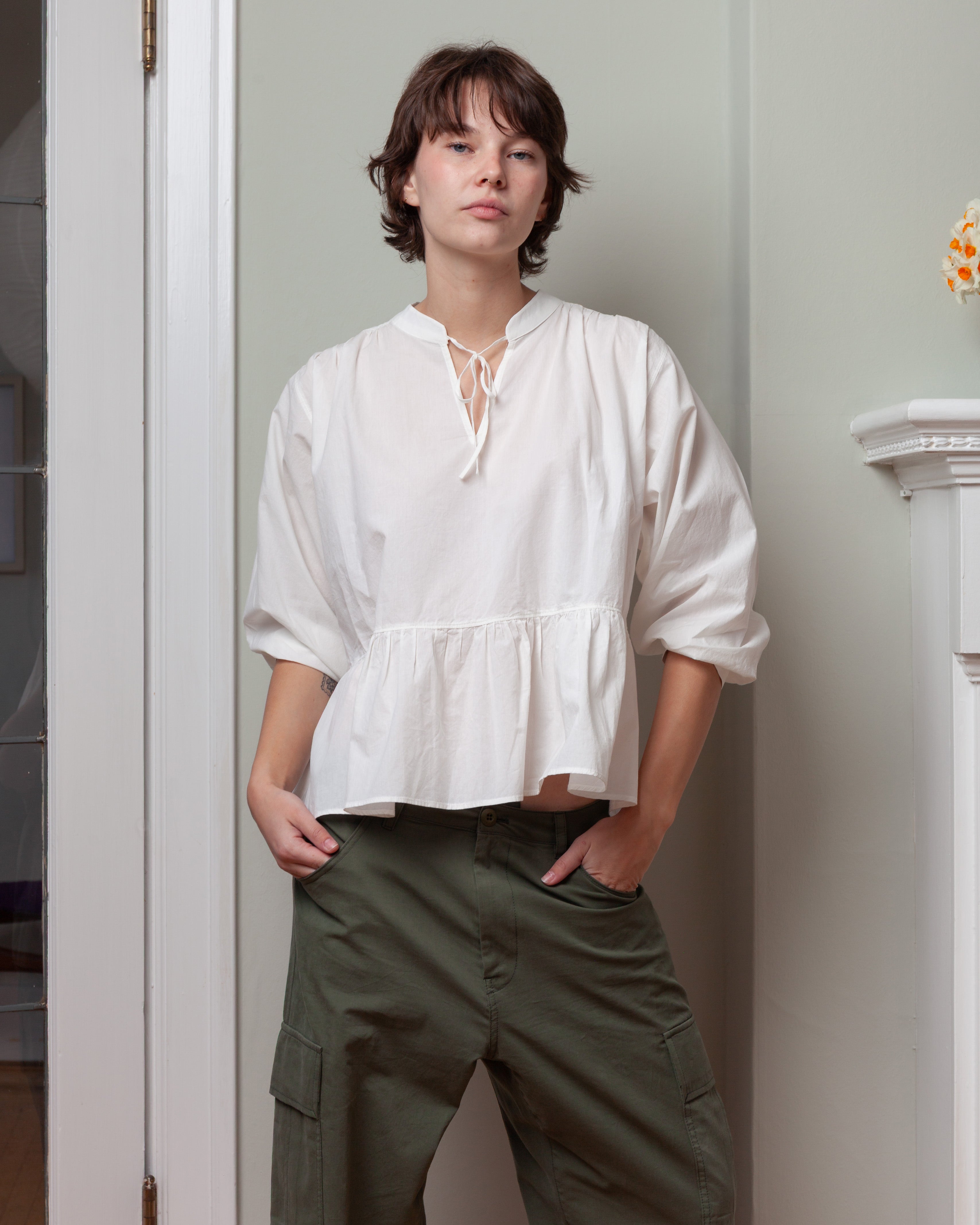 Vis A Vis-3/4 Sleeved Cotton Gathered Blouse - White-Tops-Boboli-Vancouver-Canada