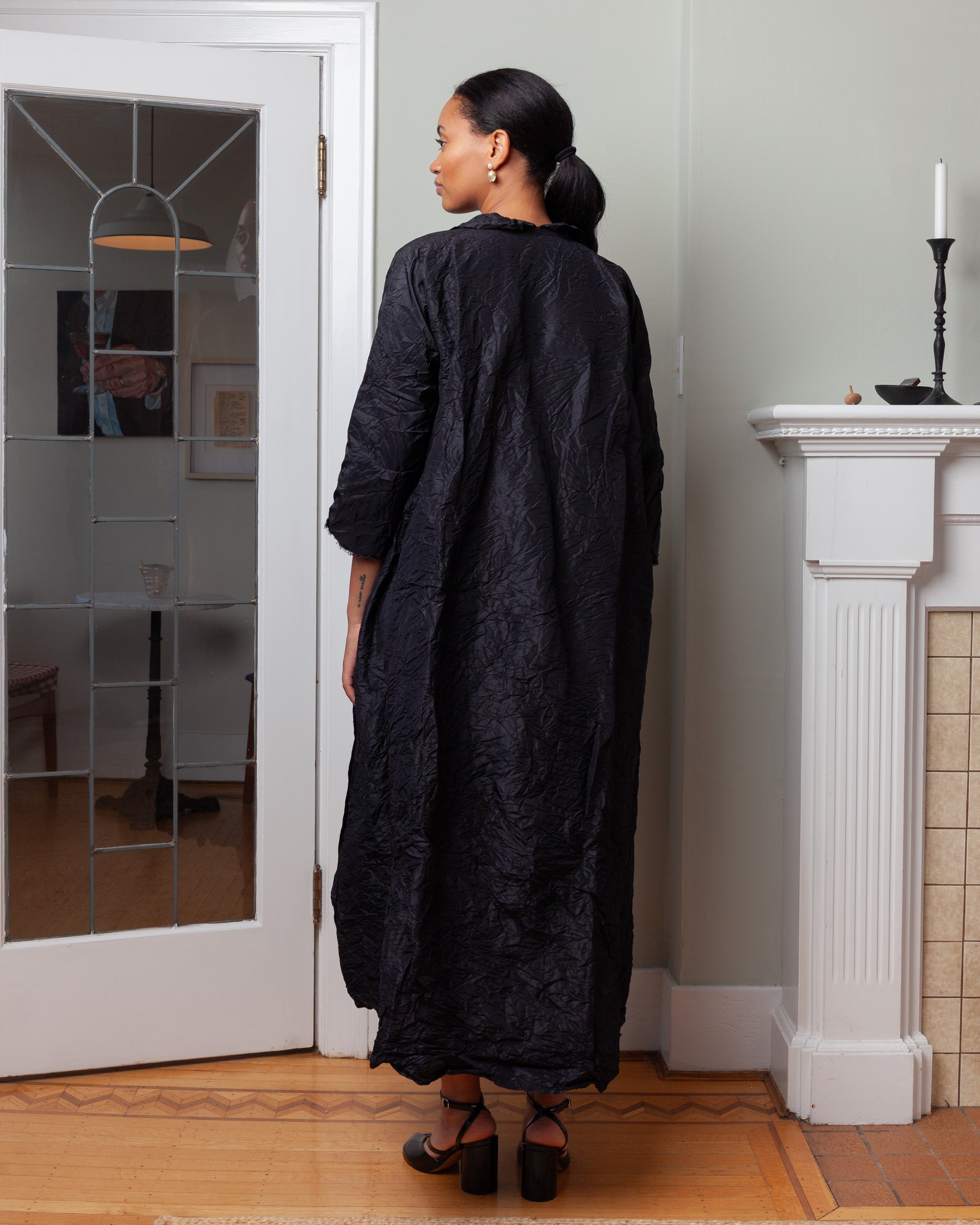 Daniela Gregis-Washed Long Wedge Collar Coat - Black-Coats-Boboli-Vancouver-Canada