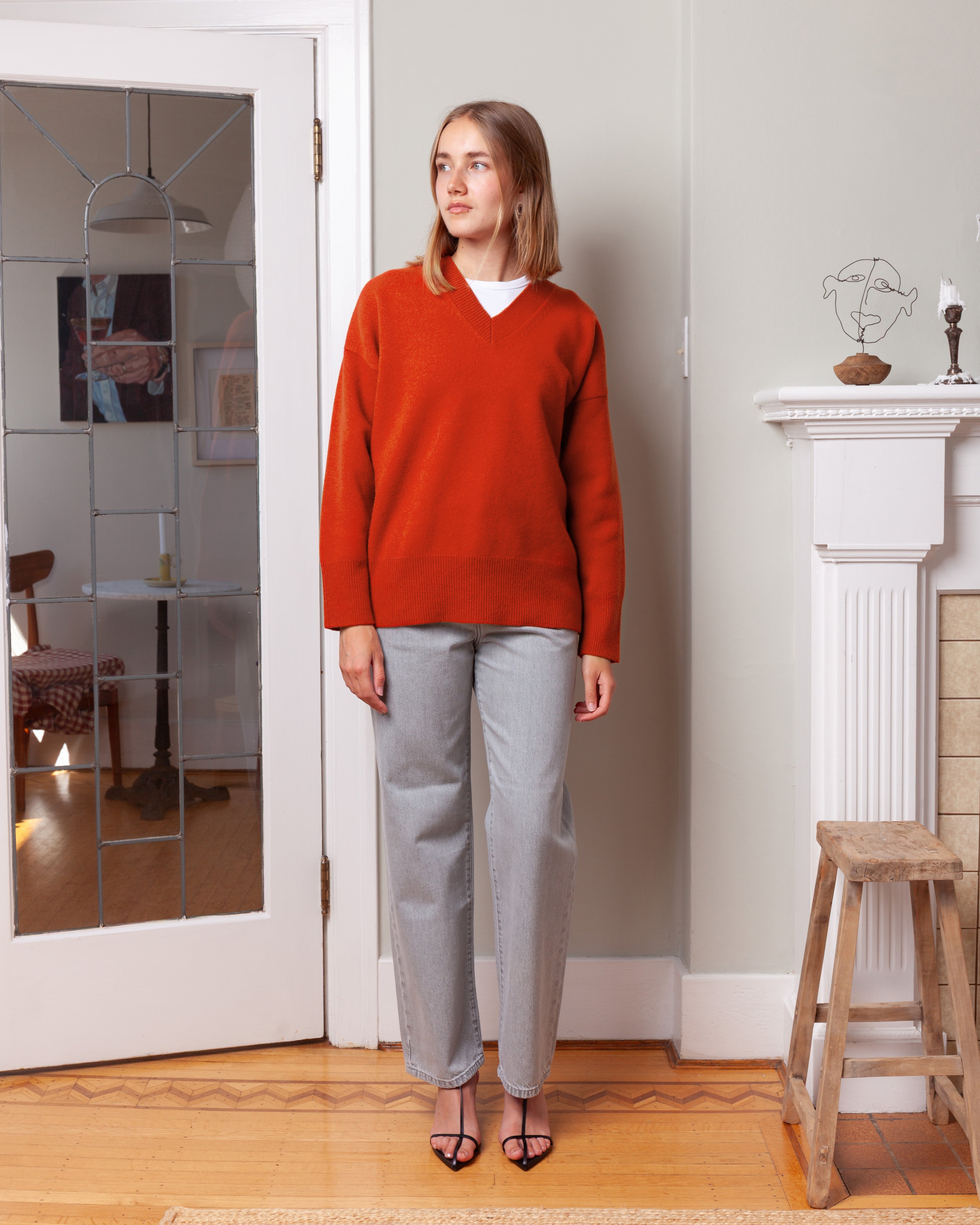 V-Neck Knitted Jumper - Burnt Orange