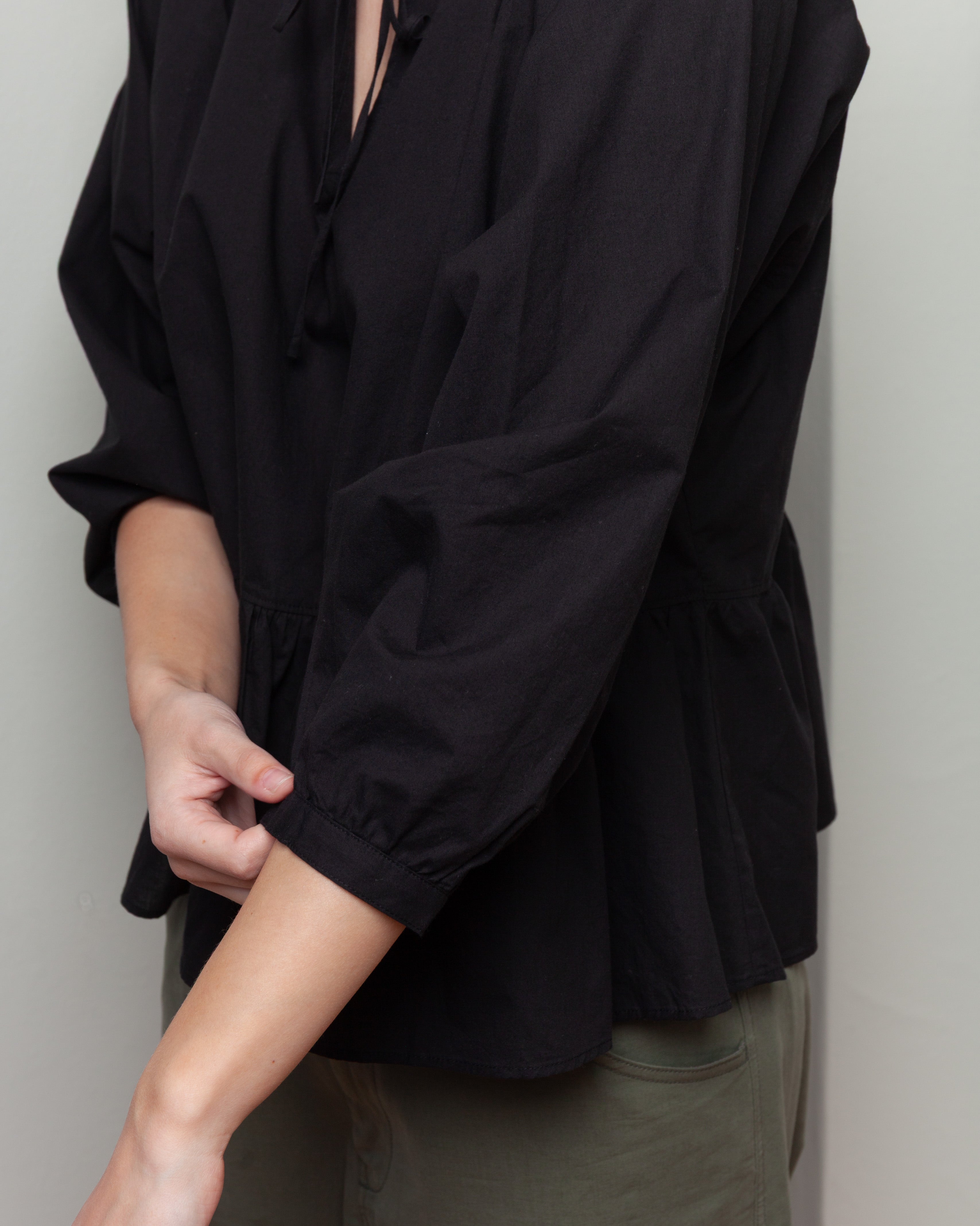 Vis A Vis-3/4 Sleeved Cotton Gathered Blouse - Black-Tops-Boboli-Vancouver-Canada